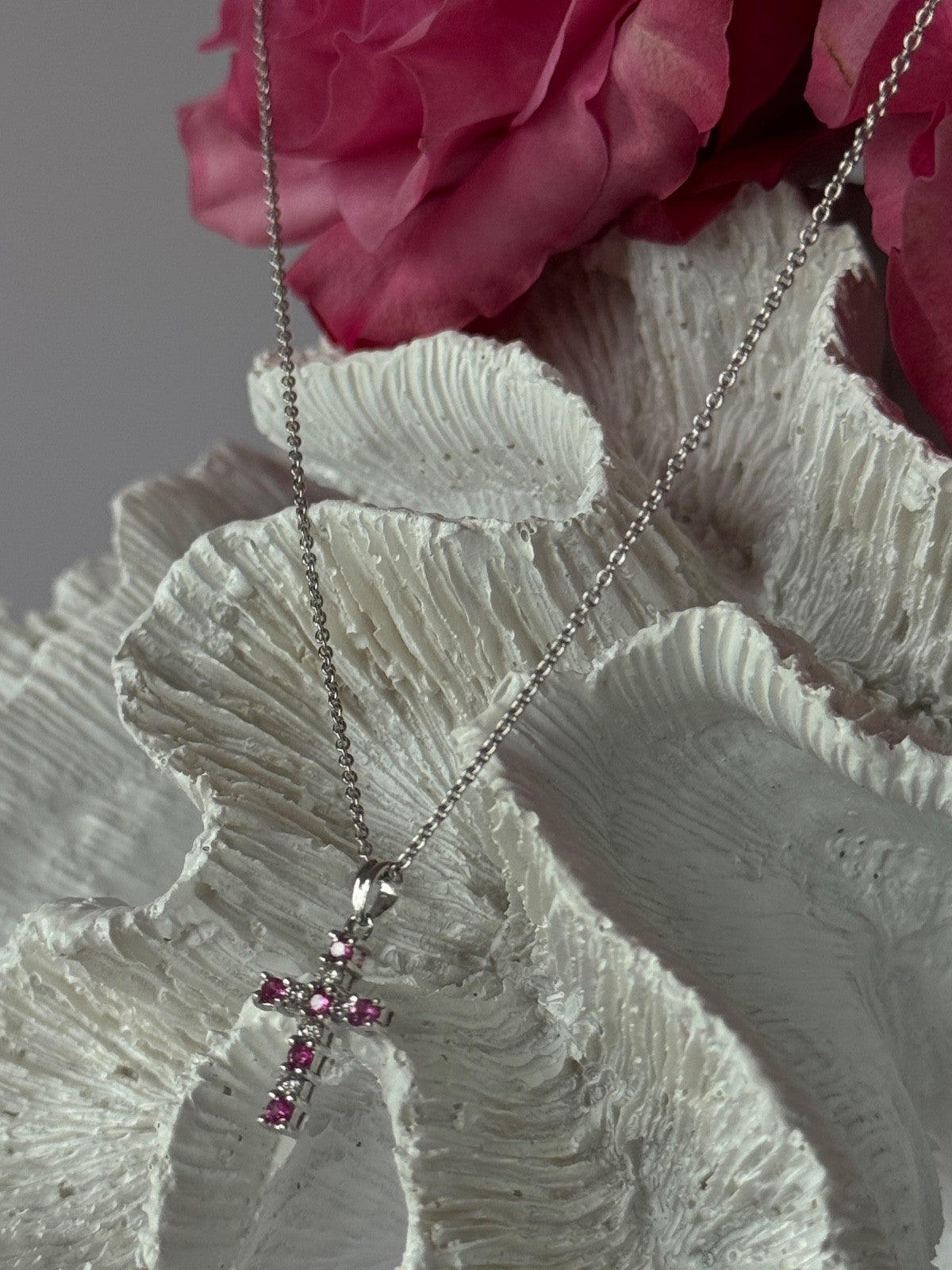 14K White Gold Cross/18K White Gold Chain Pink Sapphire & Diamond Cross Necklace