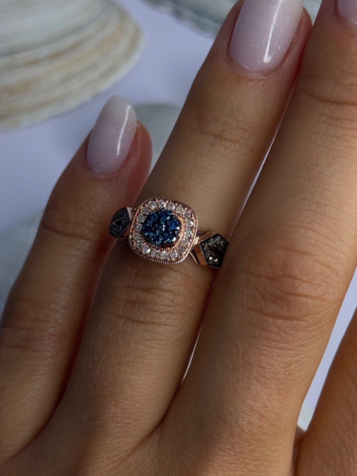 10K Rose Gold 0.5 Carat Clear & Teal Blue Dimond Ring Size 6