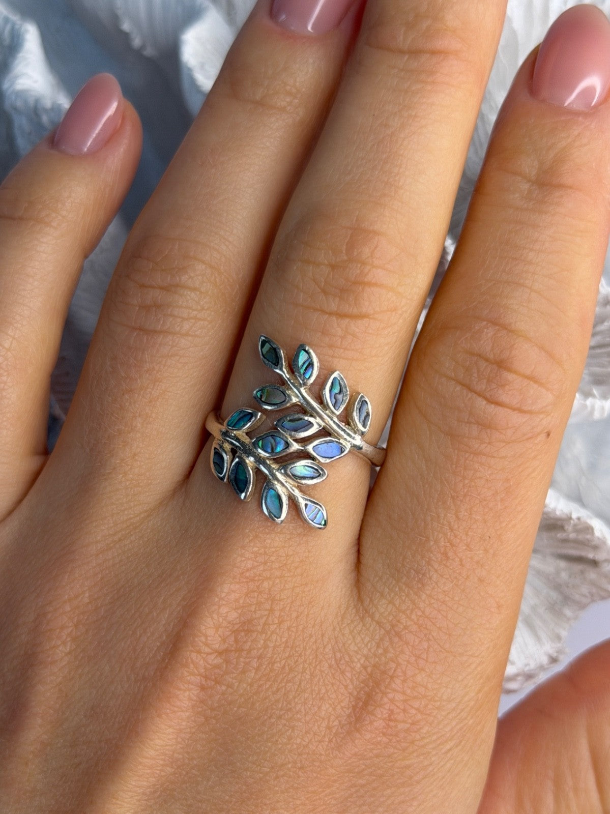 925 Sterling Silver Leaf Abalone Ring Size 8.5