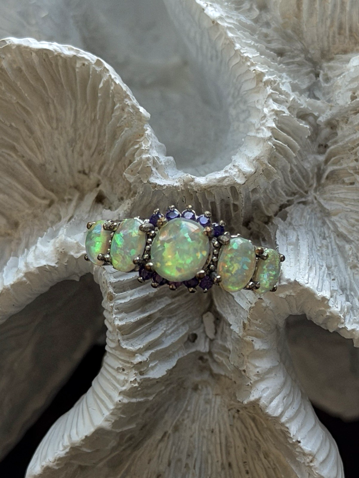 925 Sterling Silver Opal & Amethyst Ring Size 8