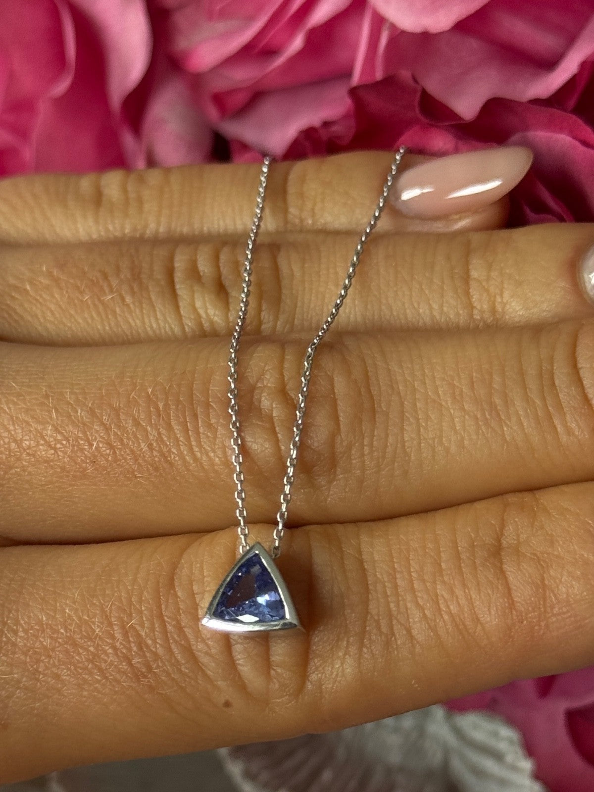 14K White Gold Tanzanite Trillion Necklace Length 18 inch