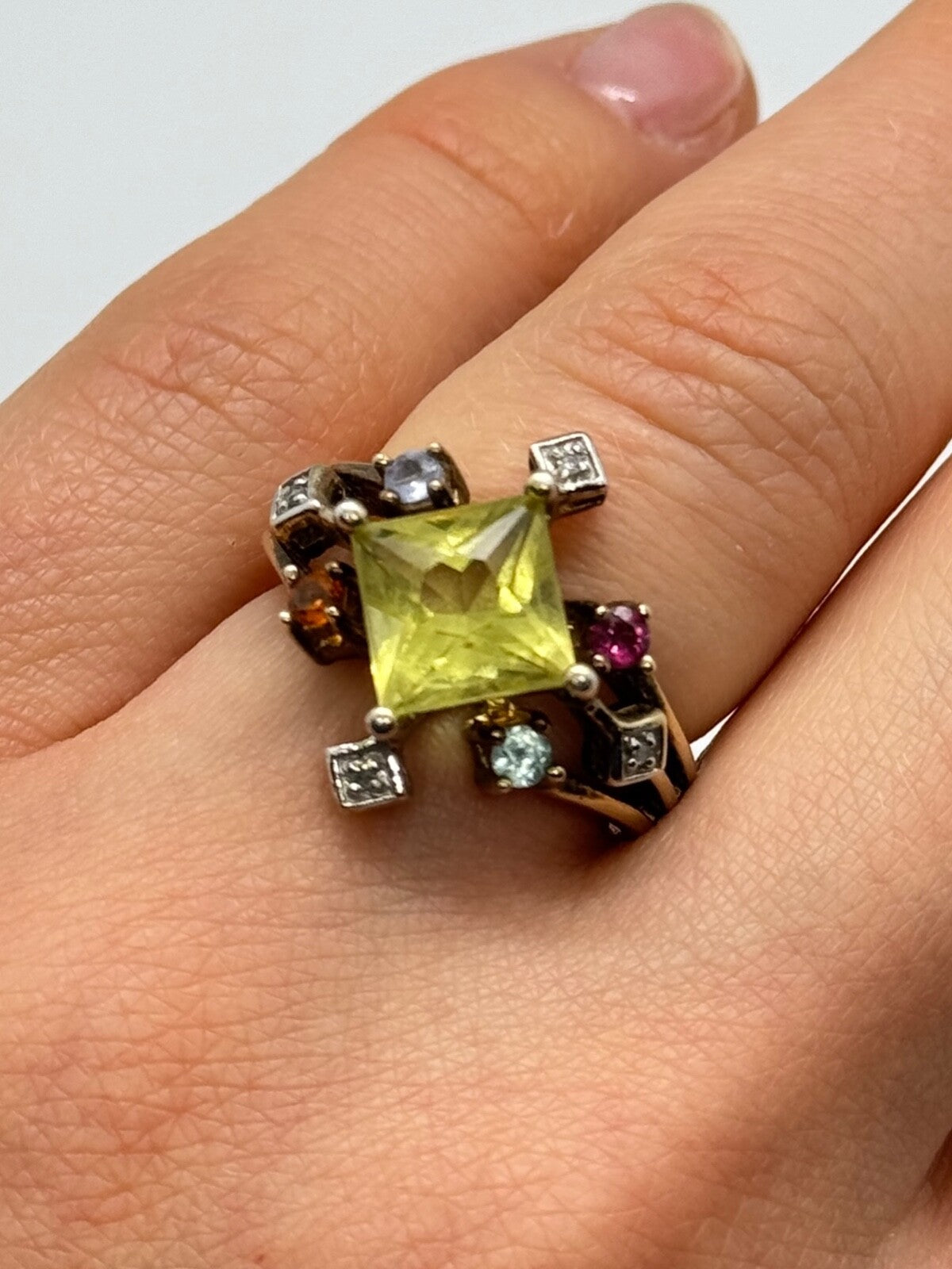 925 Sterling Silver SLV Tourmalines & Diamonds Ring Size 5.5