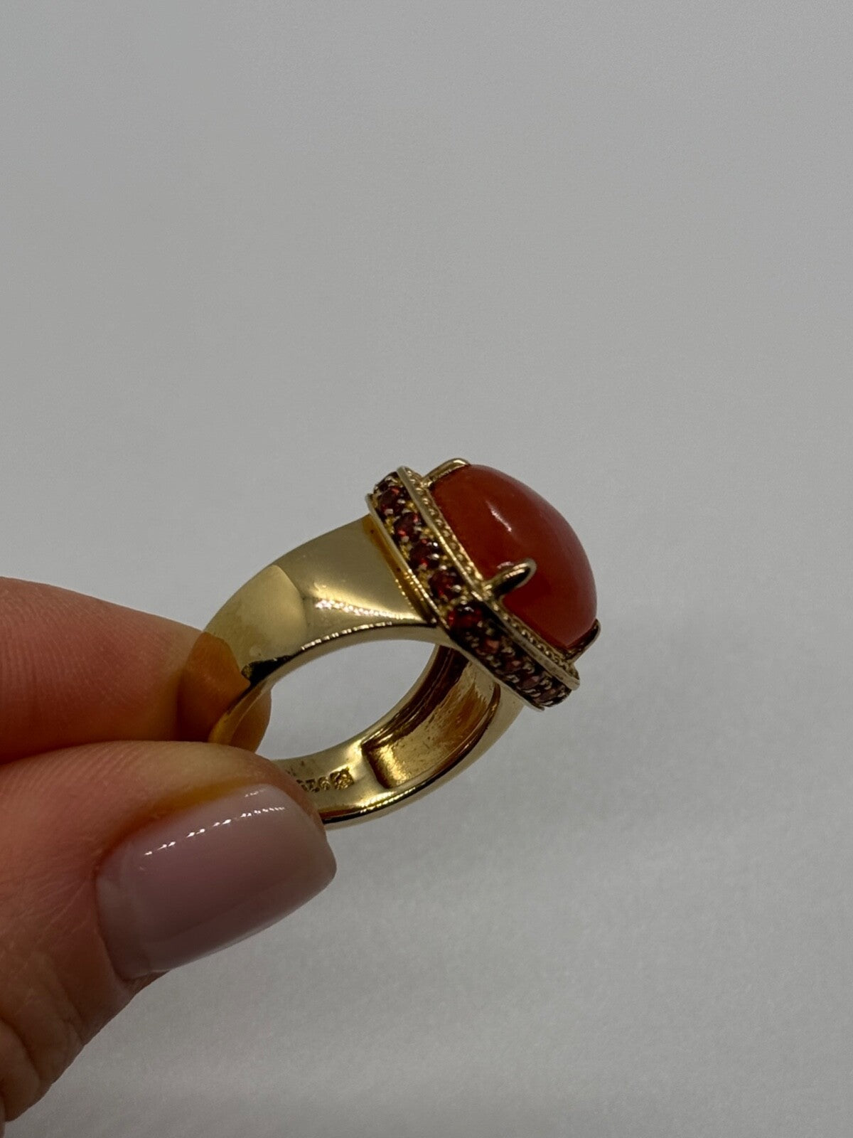 925 Sterling Silver Gold Plated Amber & RED Spinel Ring Size 7.5