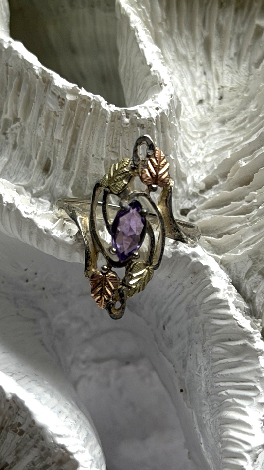 Vintage Grapevine Leaf Design 925 Sterling Silver Amethyst Ring Size 8