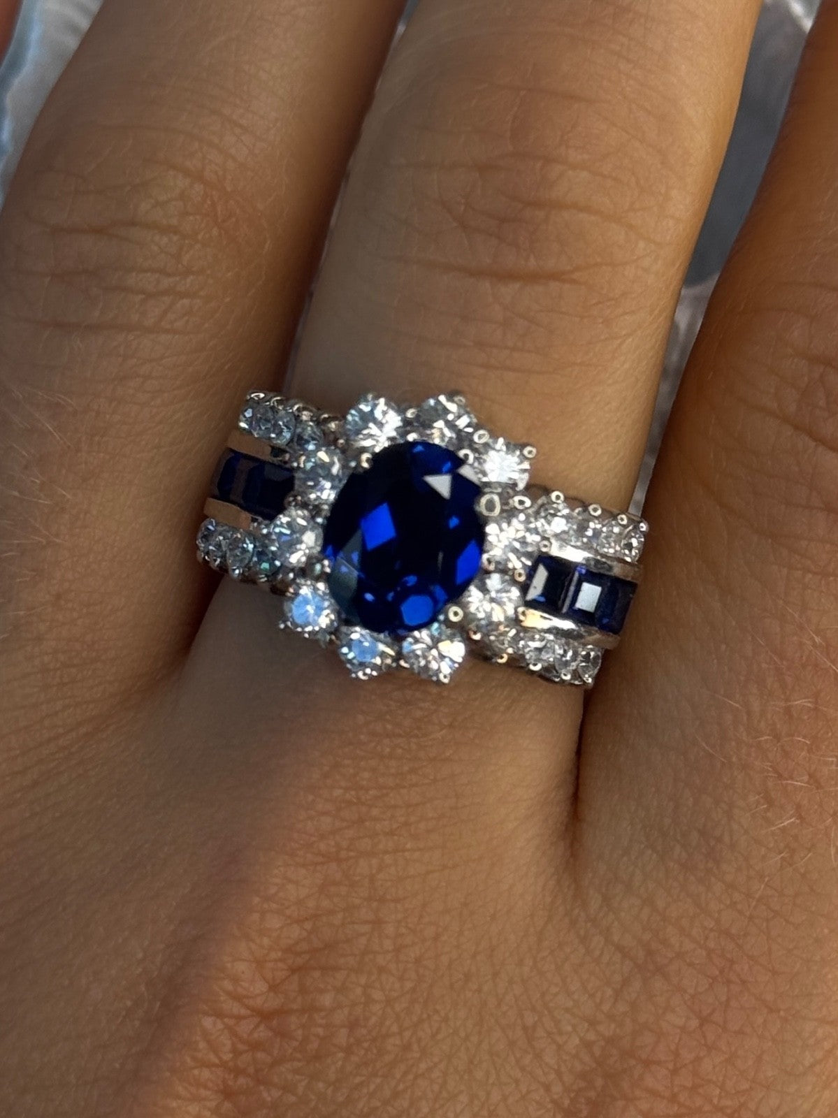 925 Sterling Silver Sapphire & Beryl Flower Ring Size 7.5