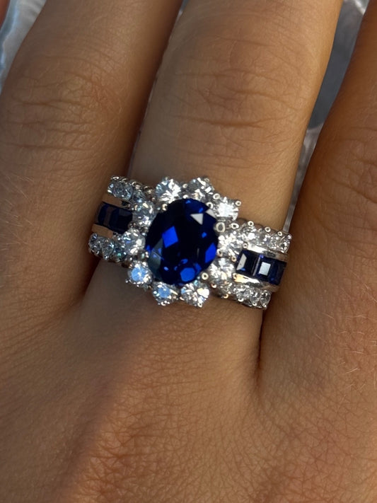 925 Sterling Silver Sapphire & Beryl Flower Ring Size 7.5