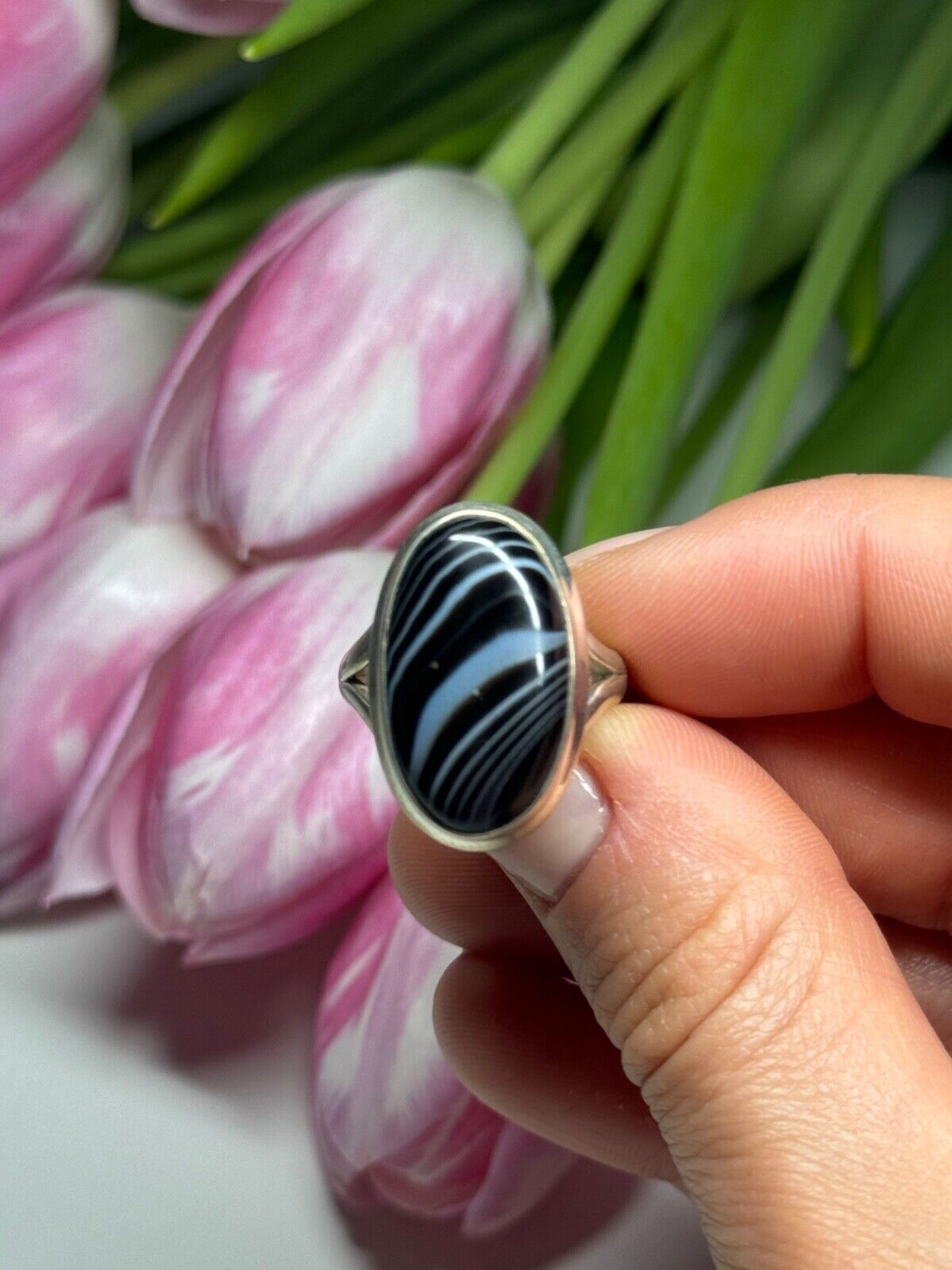 925 Sterling Silver Agate Ring Size 7