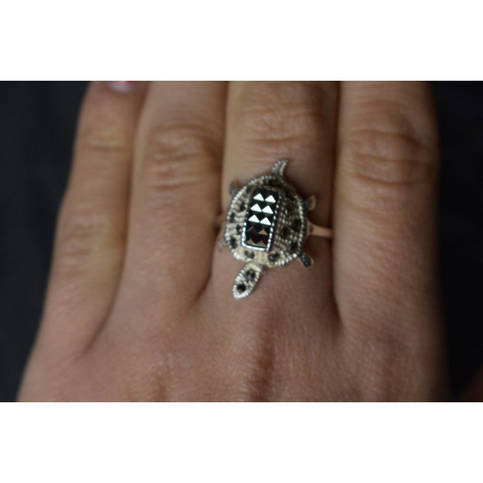 925 Sterling Silver Marcasites "Turtle" Ring Size 6.5