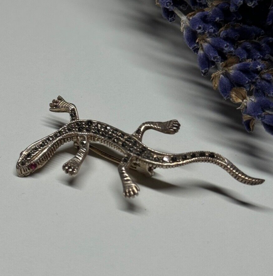 925 Sterling Silver Ruby & Marcasite Lizard Brooch