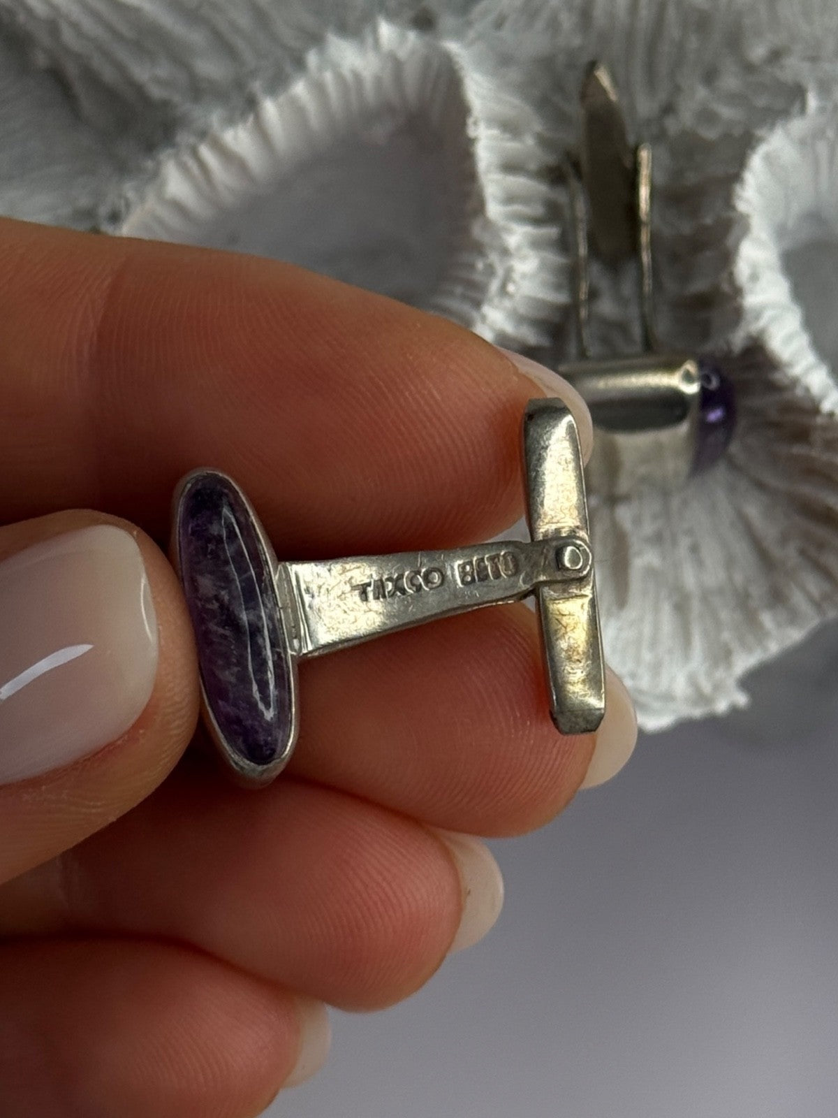 Vintage 925 Sterling Silver Amethyst Taxco Beto Cufflinks