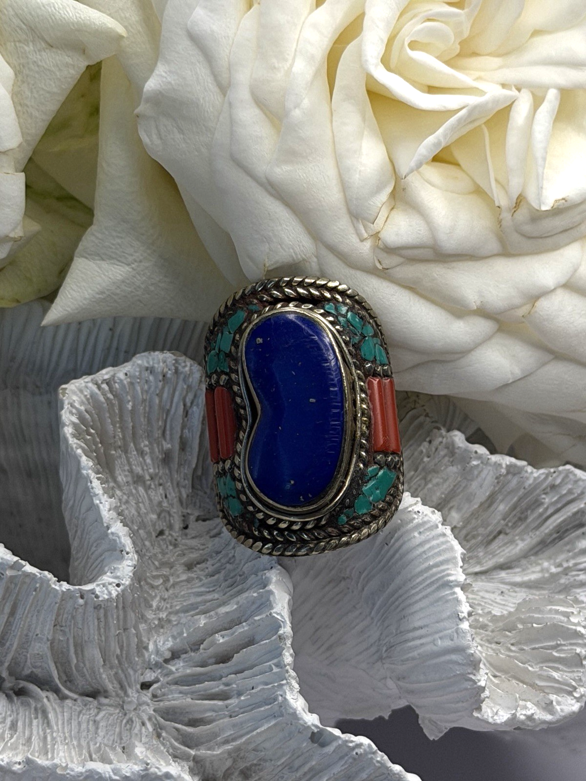 Vintage 925 Sterling Silver Lapis Lazuli Turquoise Coral Ring Size 7.5