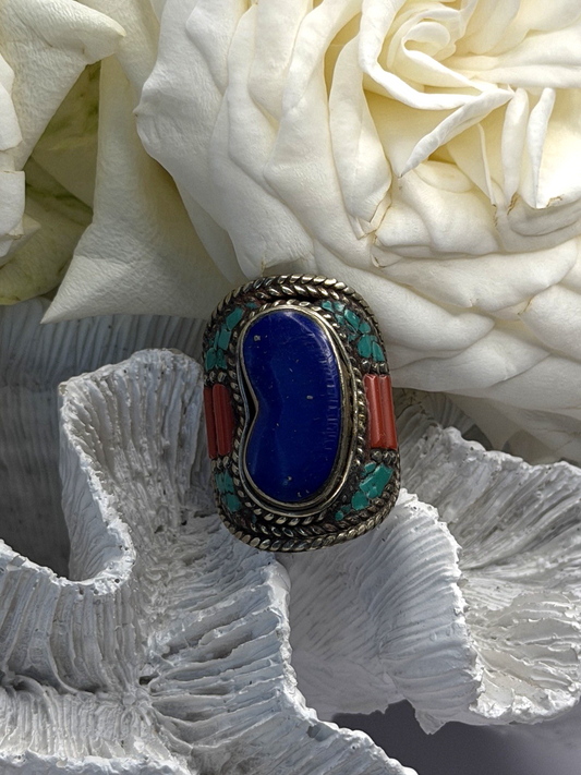 Vintage 925 Sterling Silver Lapis Lazuli Turquoise Coral Ring Size 7.5