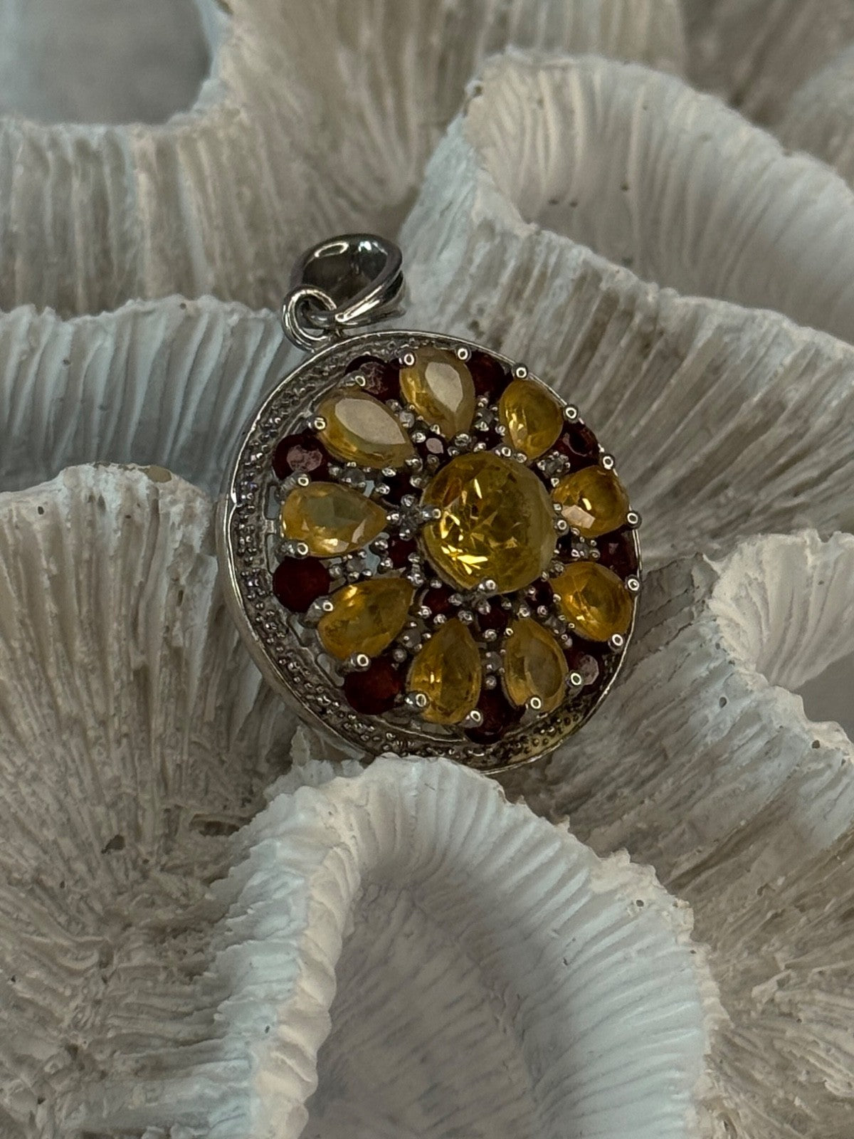925 Sterling Silver Citrine Garnet Diamond Pendant Length 1.50 Inch