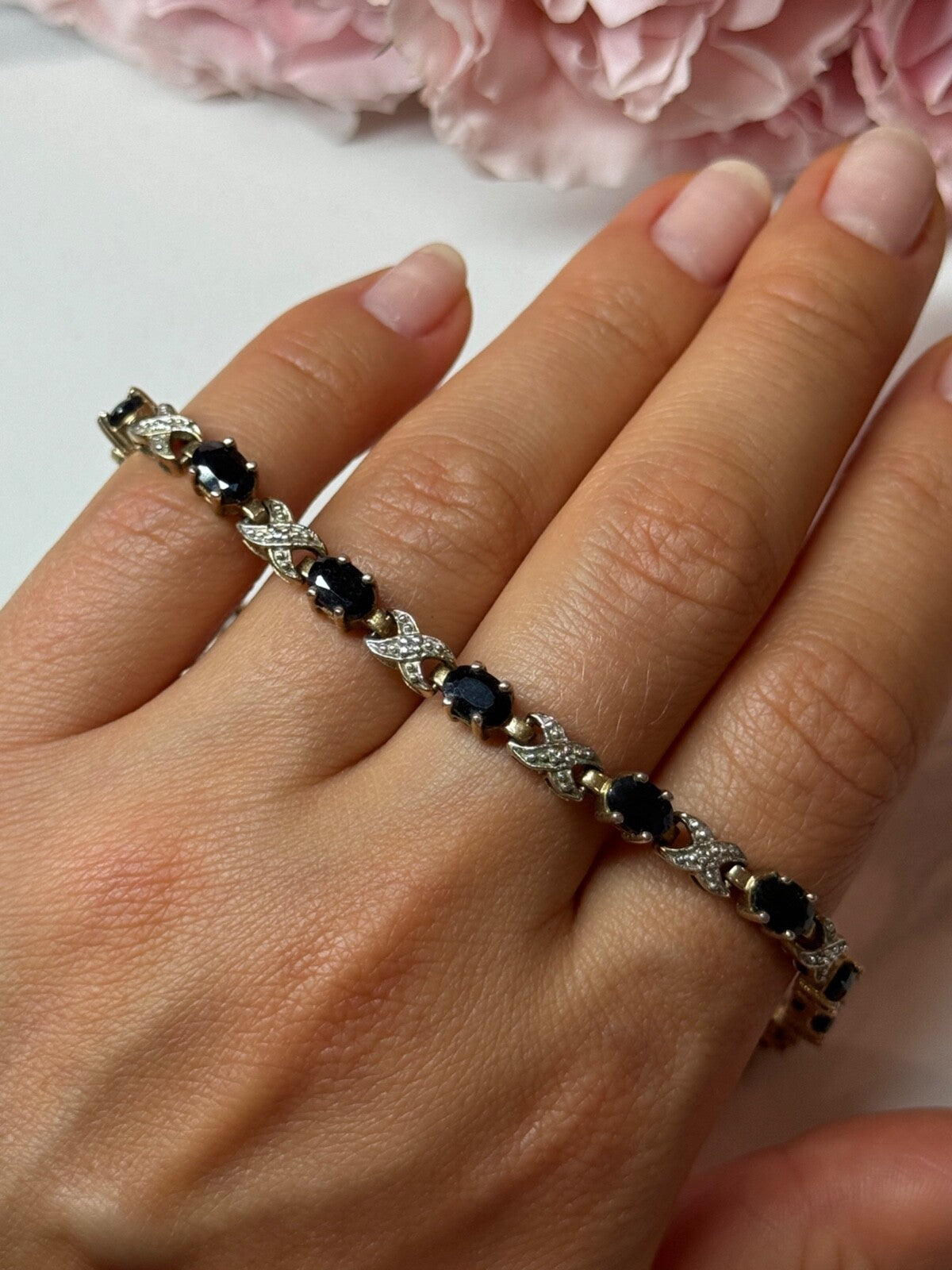 925 Sterling Silver Gold Plated Sapphire Bracelet Length 7.5 in