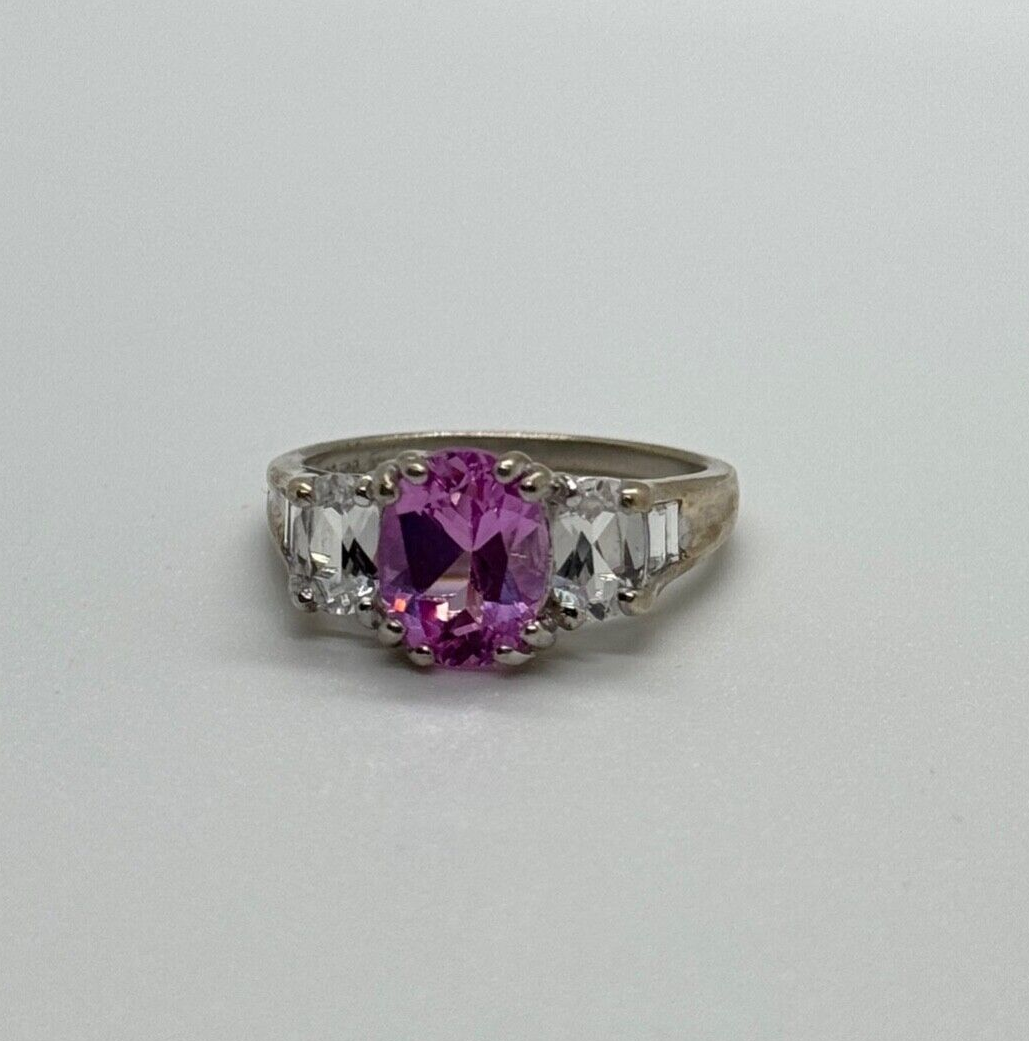 925 Sterling Silver Pink & White Spinel Ring Size 6