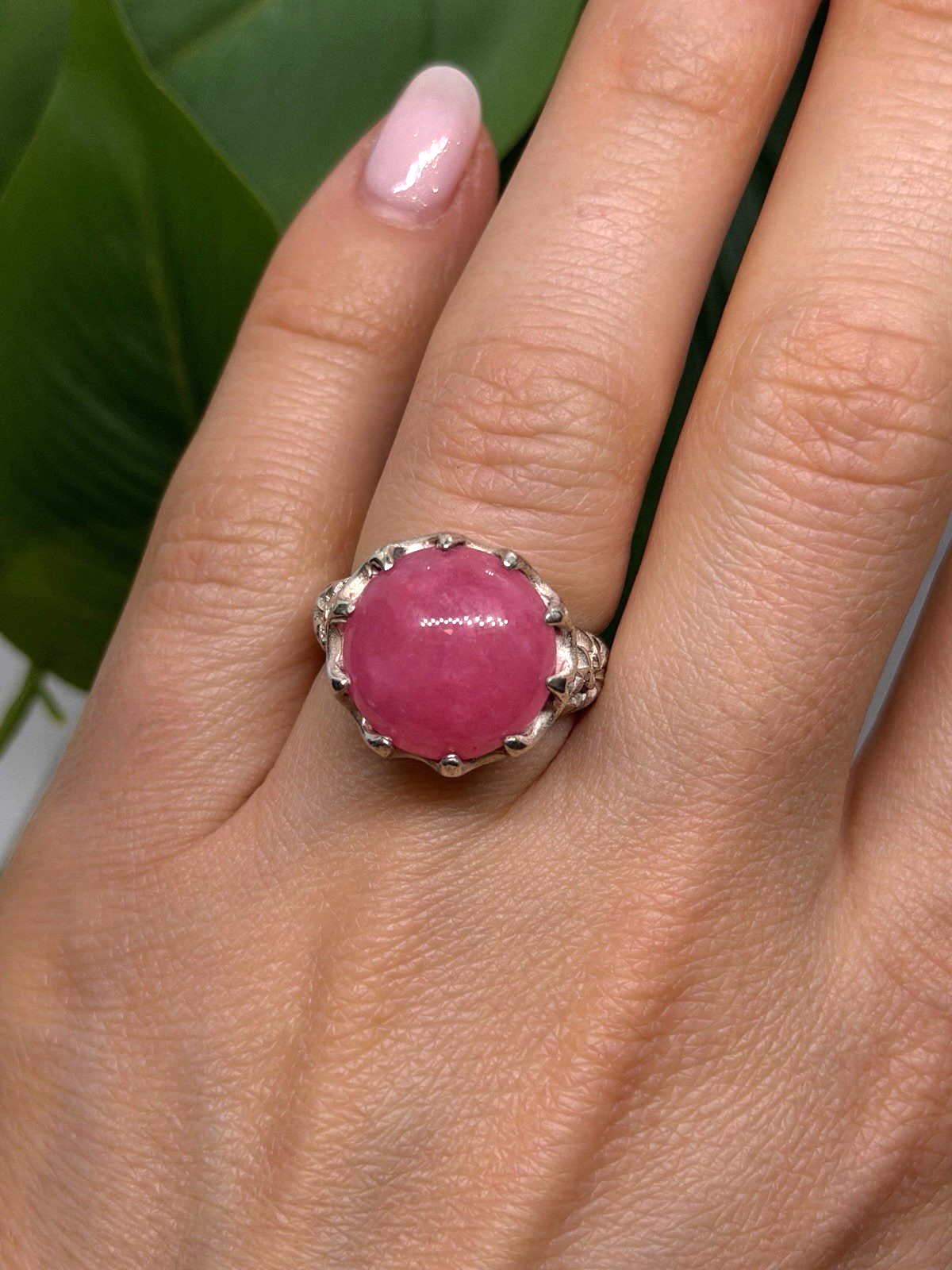925 Sterling Silver Pink Agate Flower Ring Size 7.5
