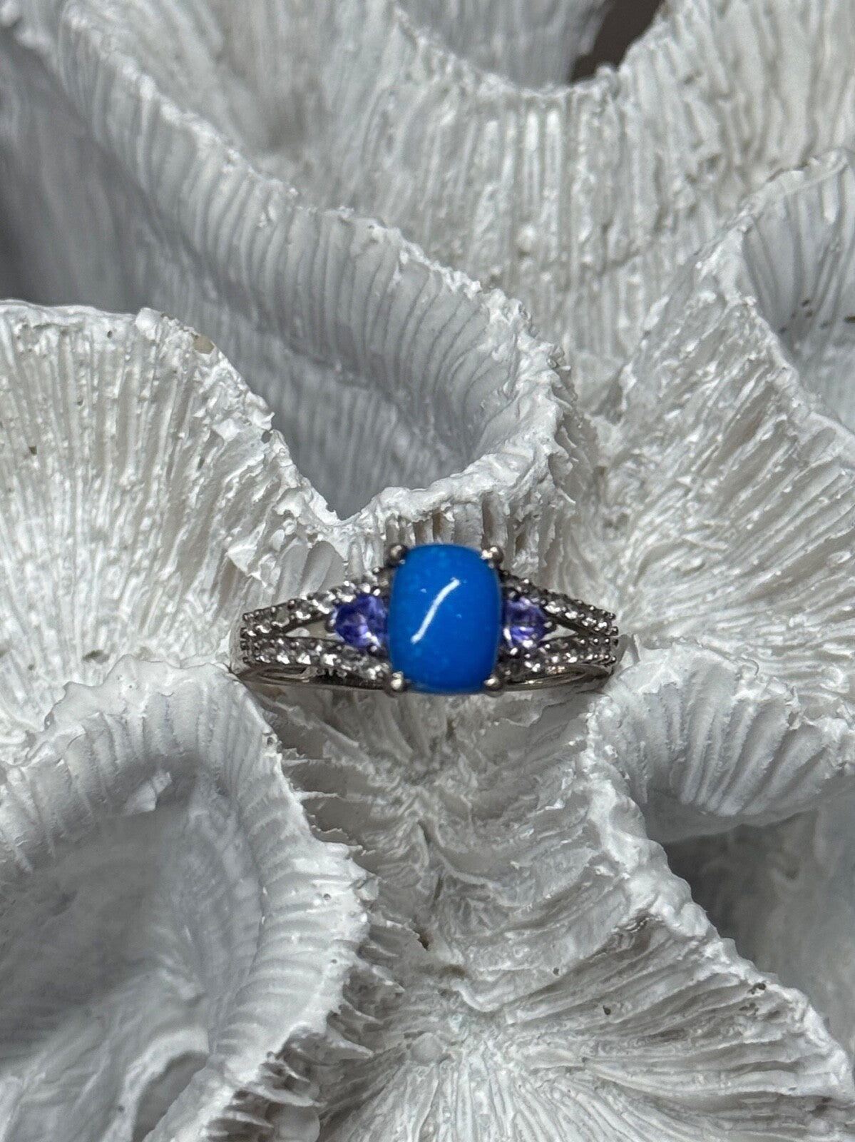 925 Sterling Silver Blue Agate, Tanzanite & Beryl Ring Size 7.5