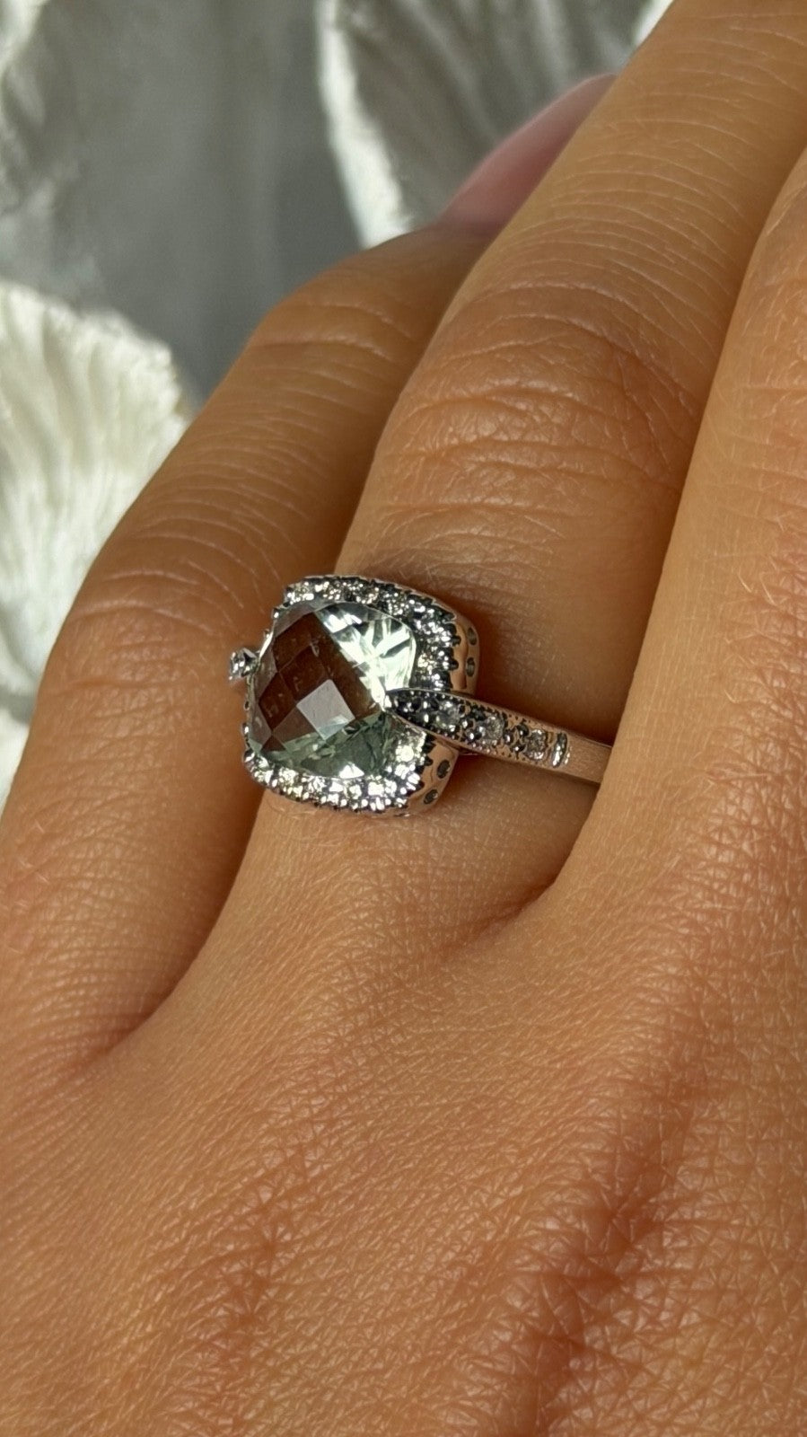 14K 585 White Gold Prasiolite Green Amethyst & Diamond Ring Size 6