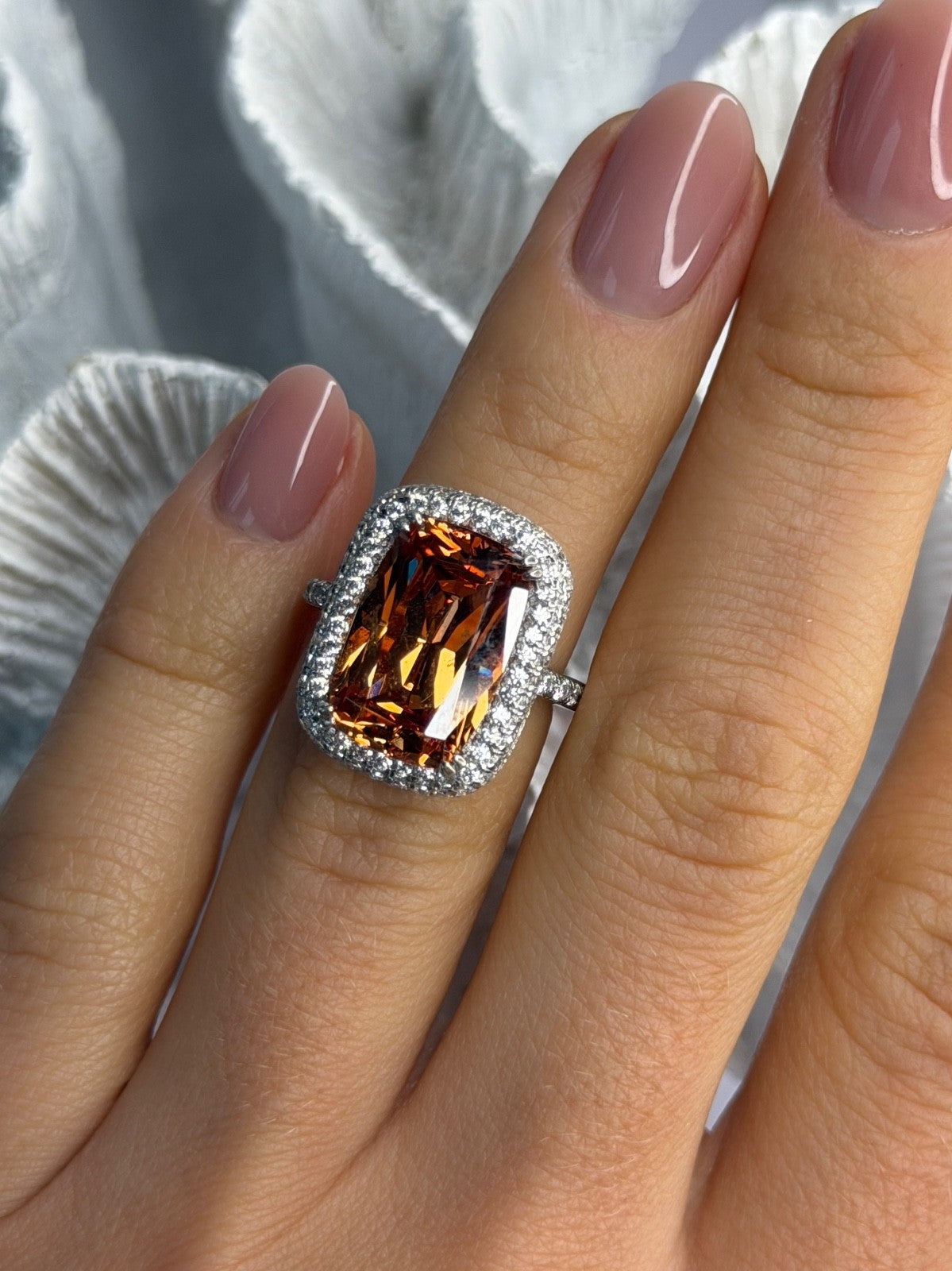 925 Sterling Silver Orange Crystal & Cz Ring Size 5