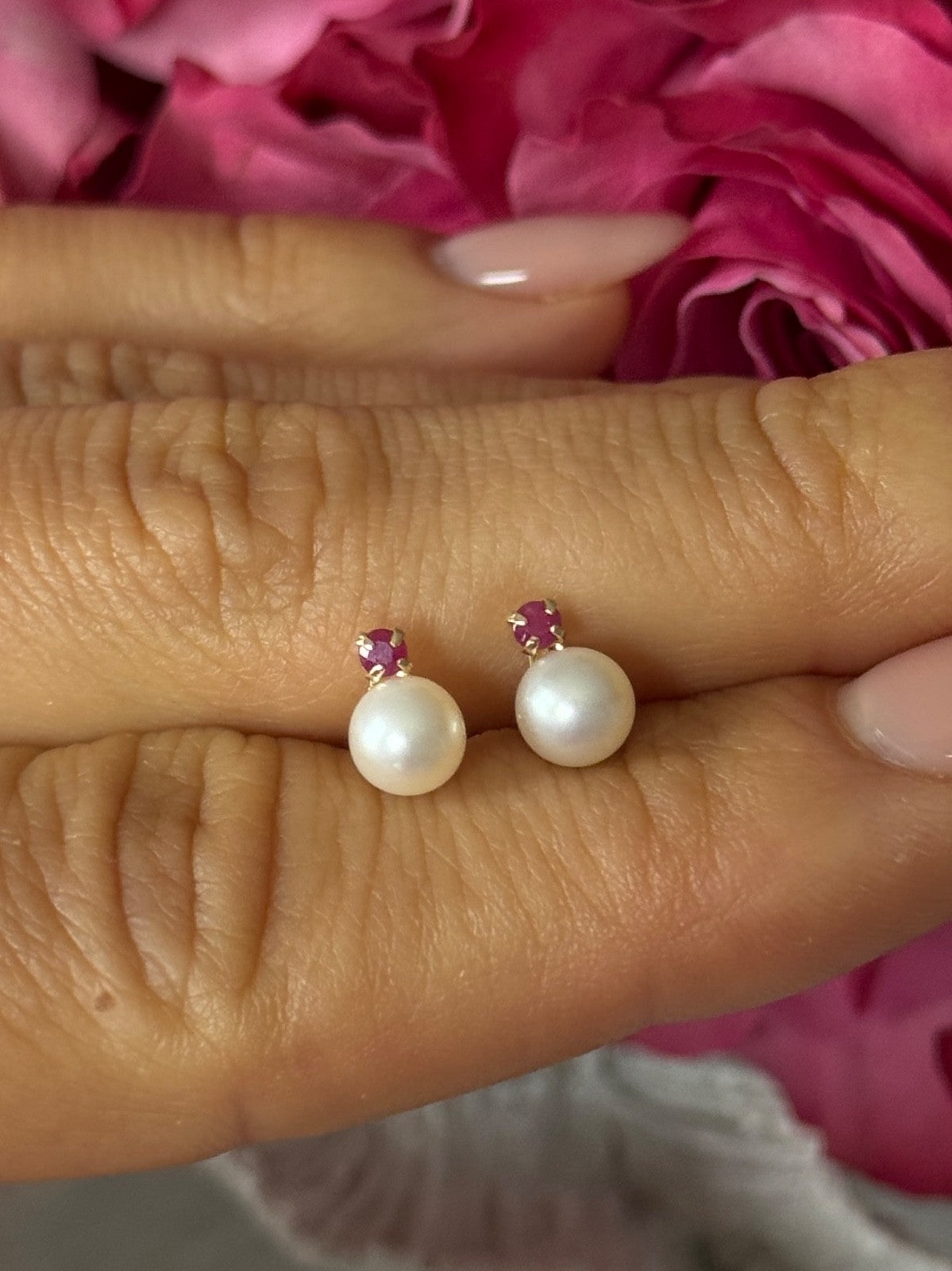 14K Yellow Gold Pearl & Ruby Stud Earrings