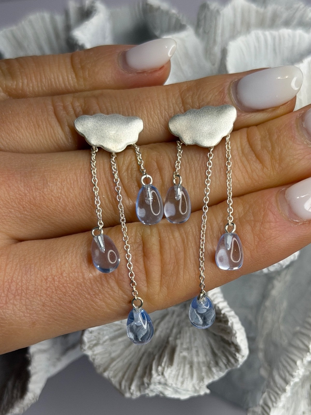 Cloud Tassel Raindrops 925 Sterling Silver Blue Crystal Earrings