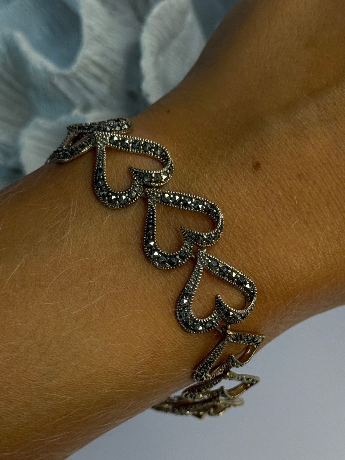 925 Sterling Silver Marcasite Hearts Bracelet Length 7.5