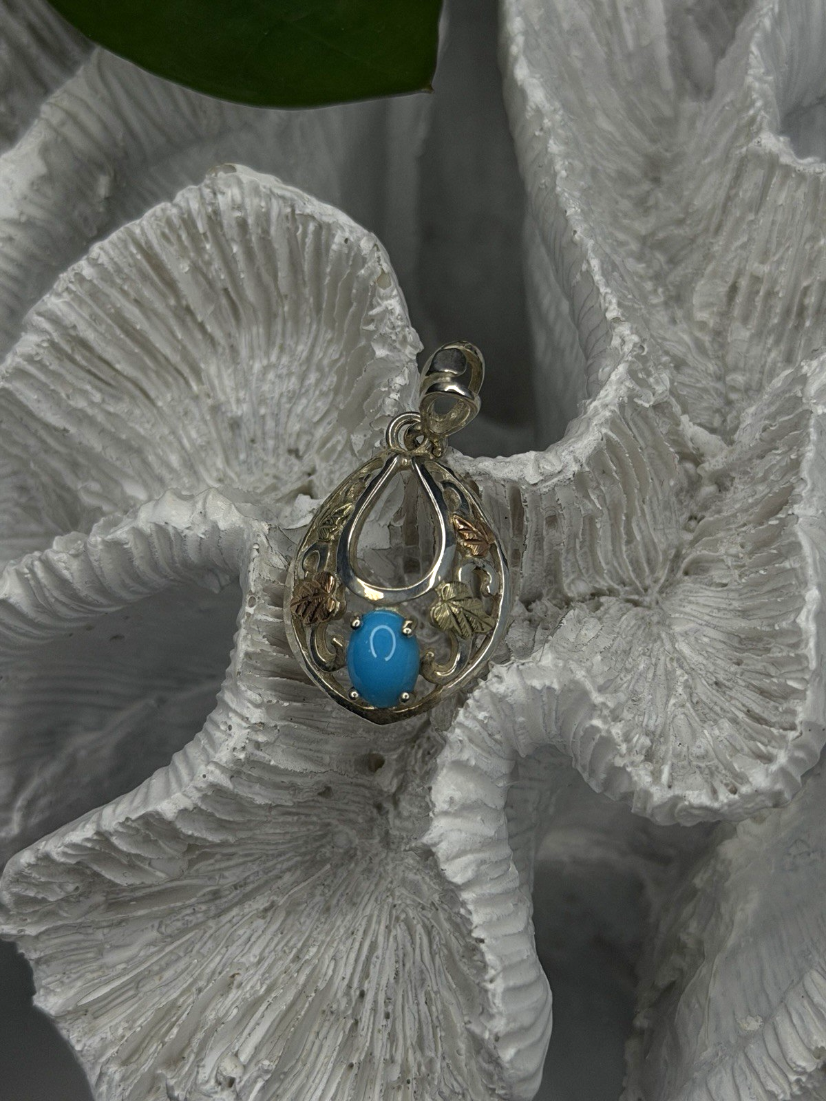 925 Sterling Silver Yellow and Rose Gold Plated Leaf Turquoise Pendant