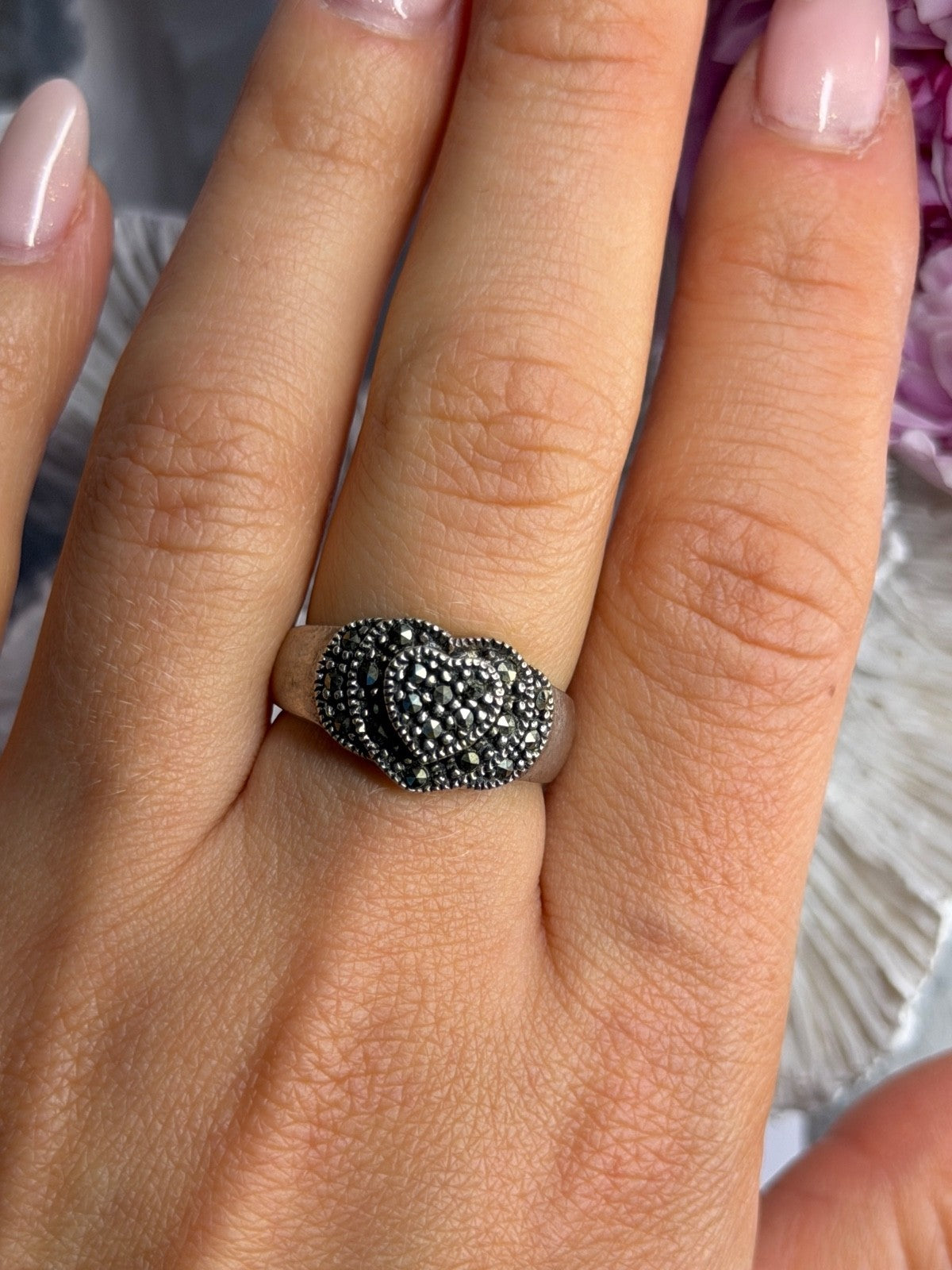 Vintage 925 Sterling Silver Marcasite Heart Ring Size 8