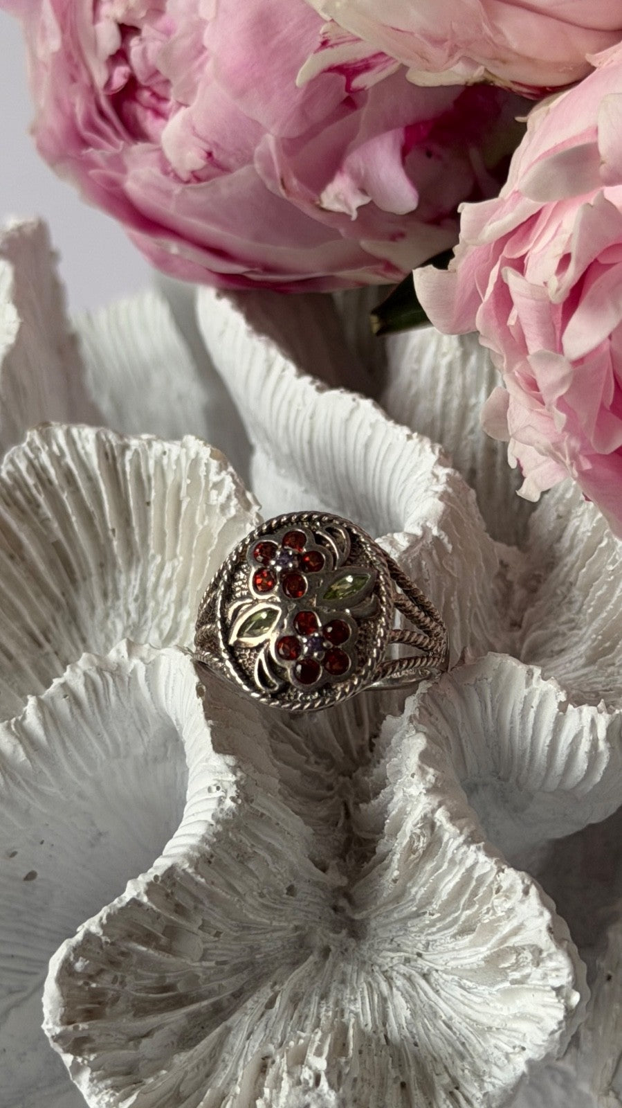 925 Sterling Silver Garnet Amethyst Peridot Ring Size 7
