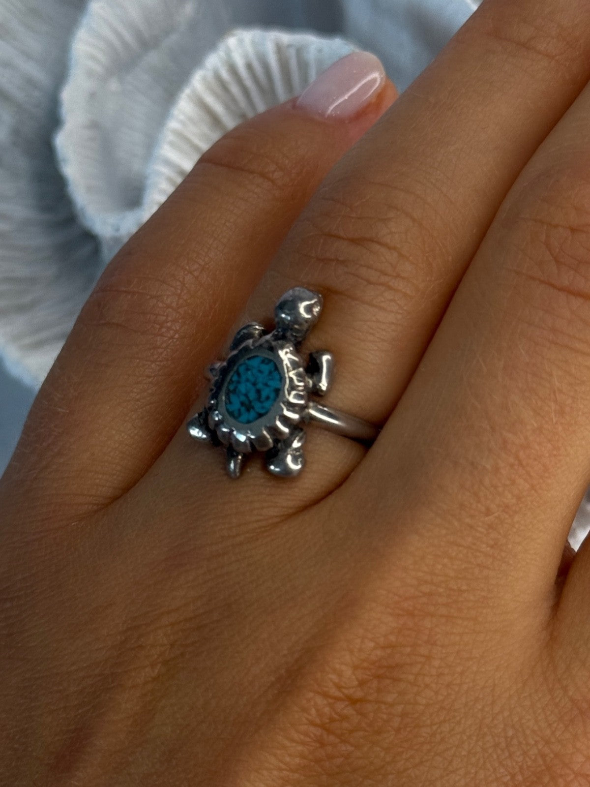 925 Sterling Silver Turtle Turquoise Ring Size 6.5
