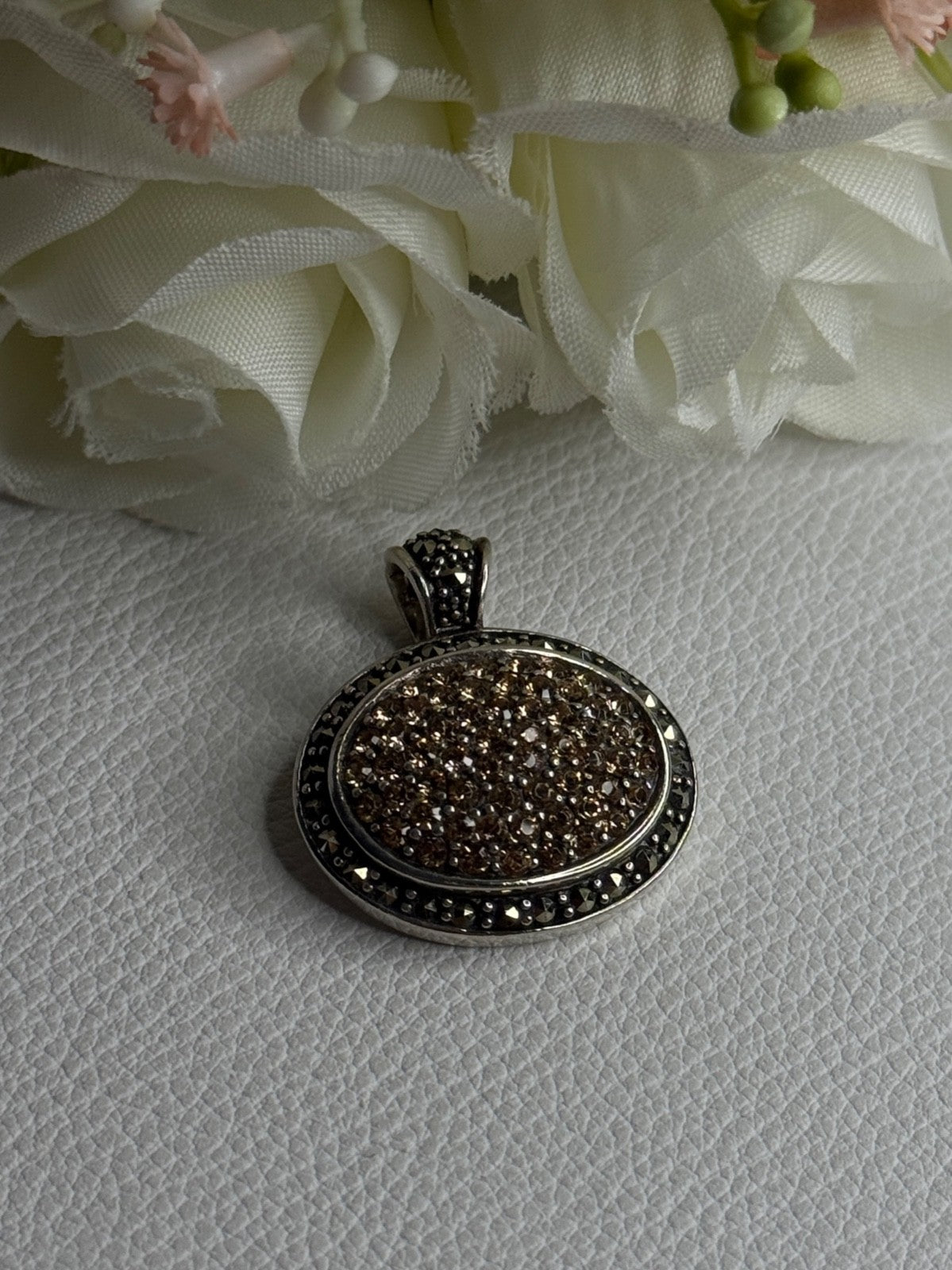 Elegant 925 Sterling Silver Citrine & Marcasite Pendant Length 1.10 Inch