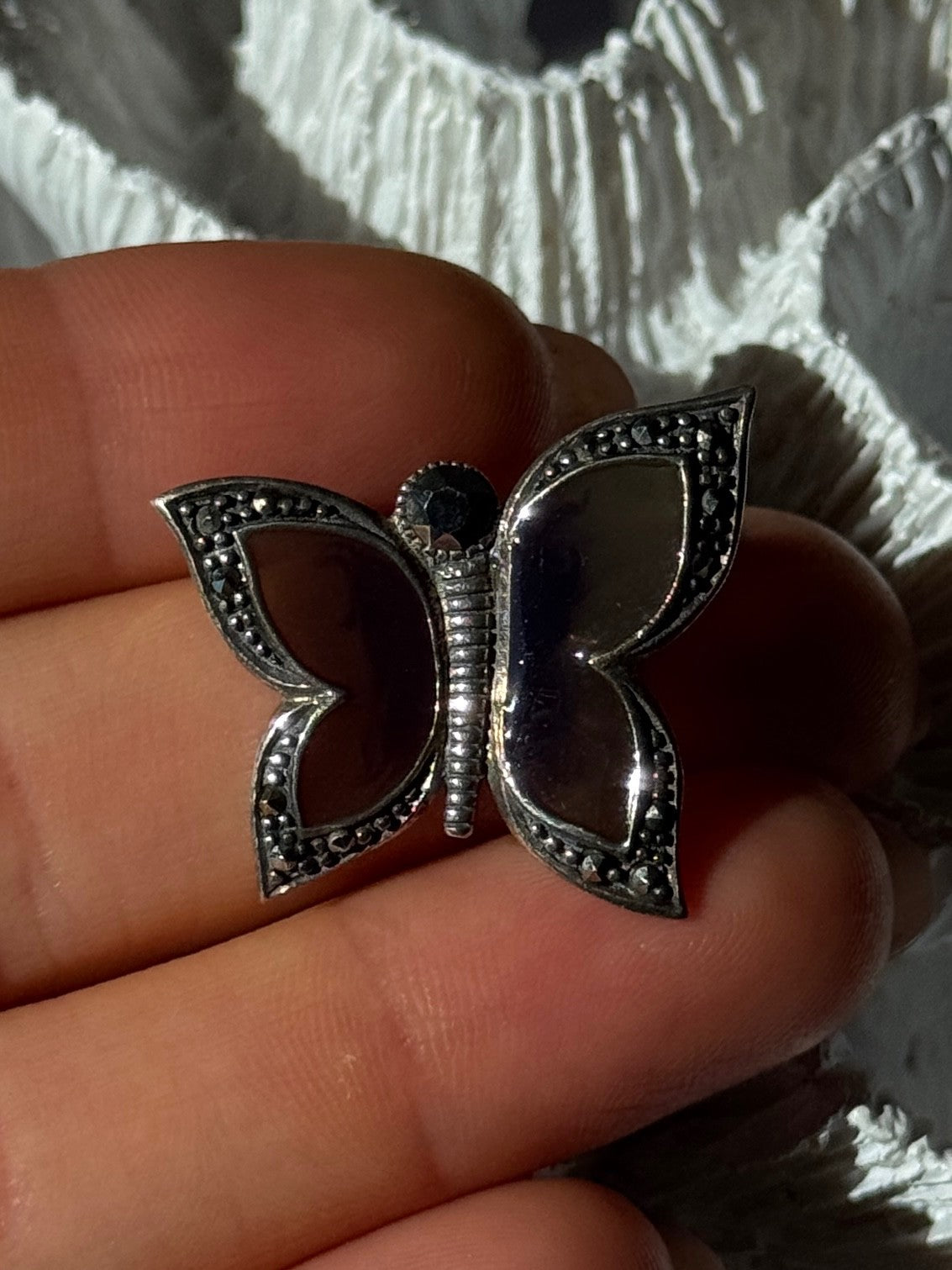 925 Sterling Silver Enamel Marcasite Butterfly Pendant
