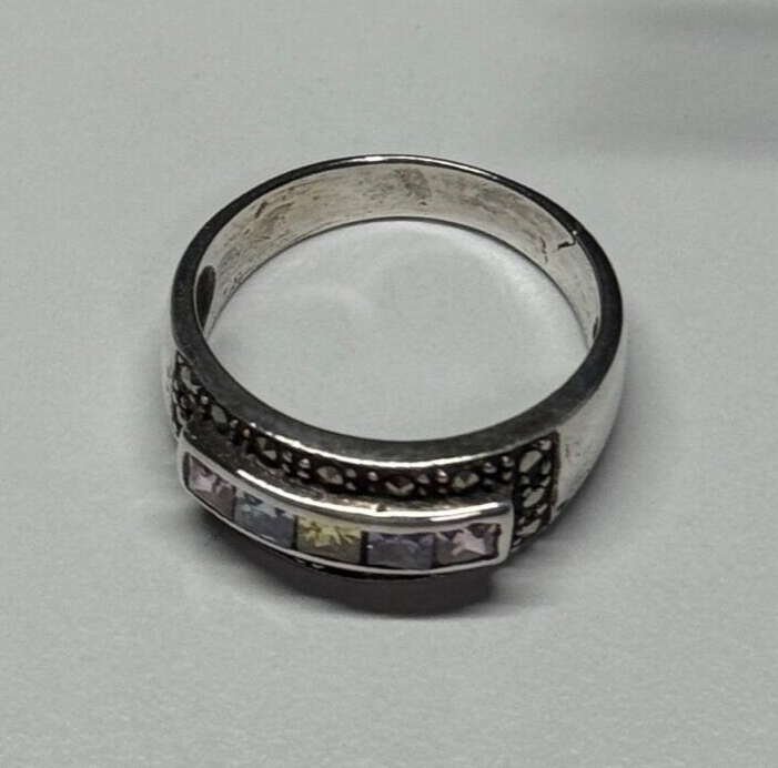 Vintage 925 Sterling Silver Tourmalines & Marcasite Ring Size 8