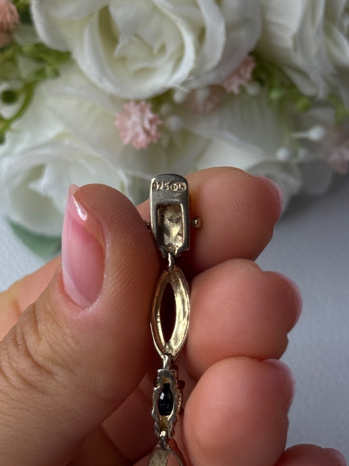 Dl 925 Sterling Silver Gold Plated Sapphire Bracelet Length 7.5 Inch