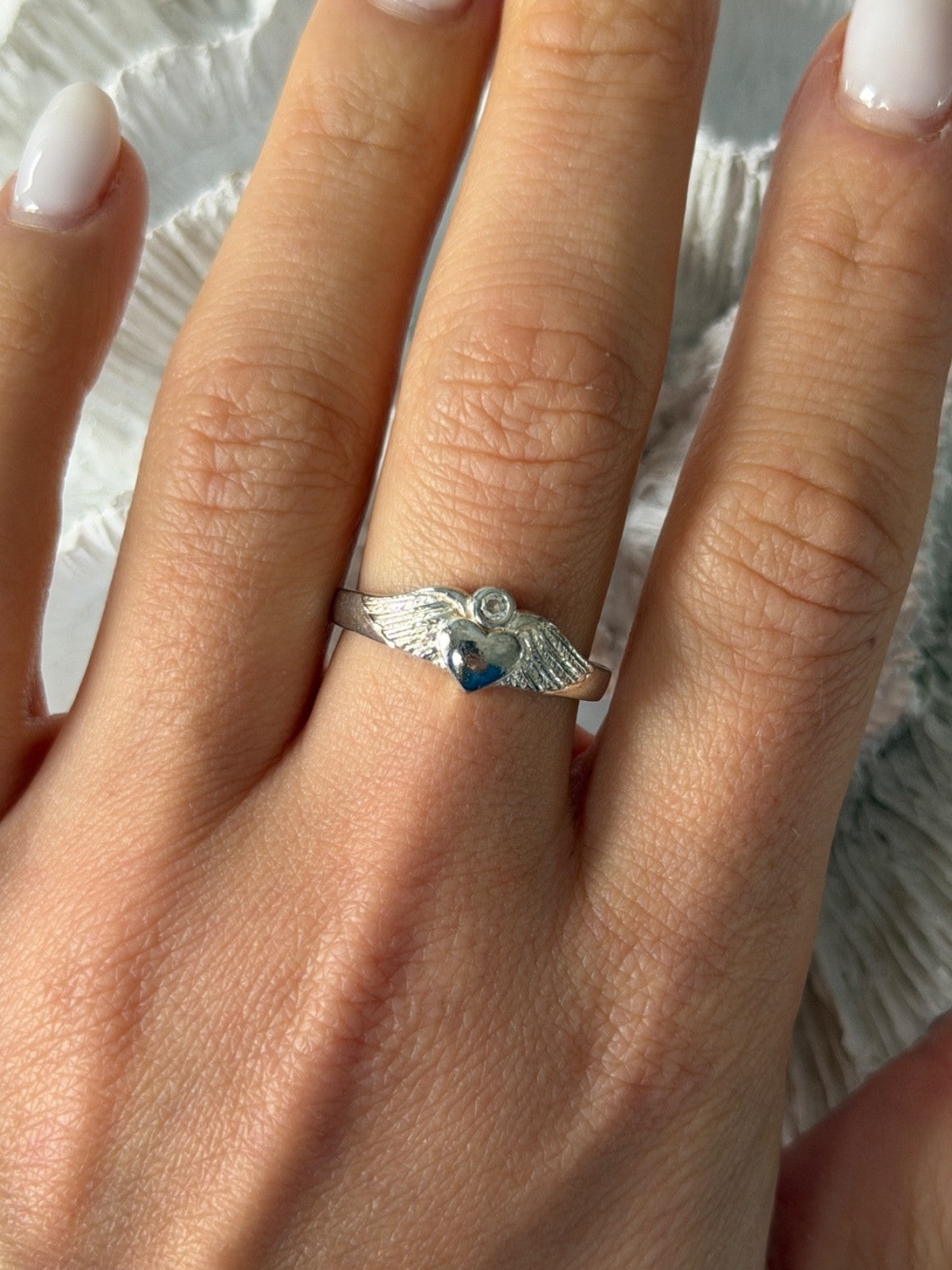 925 Sterling Silver Heart Wings Colorless Topaz Ring Size 9