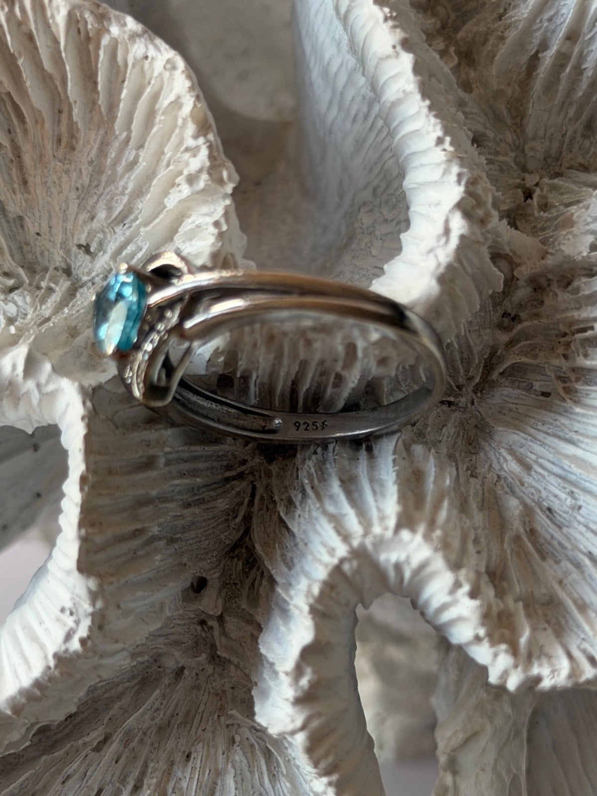 925 Sterling Silver Blue Topaz Heart & Diamond Ring Size 9