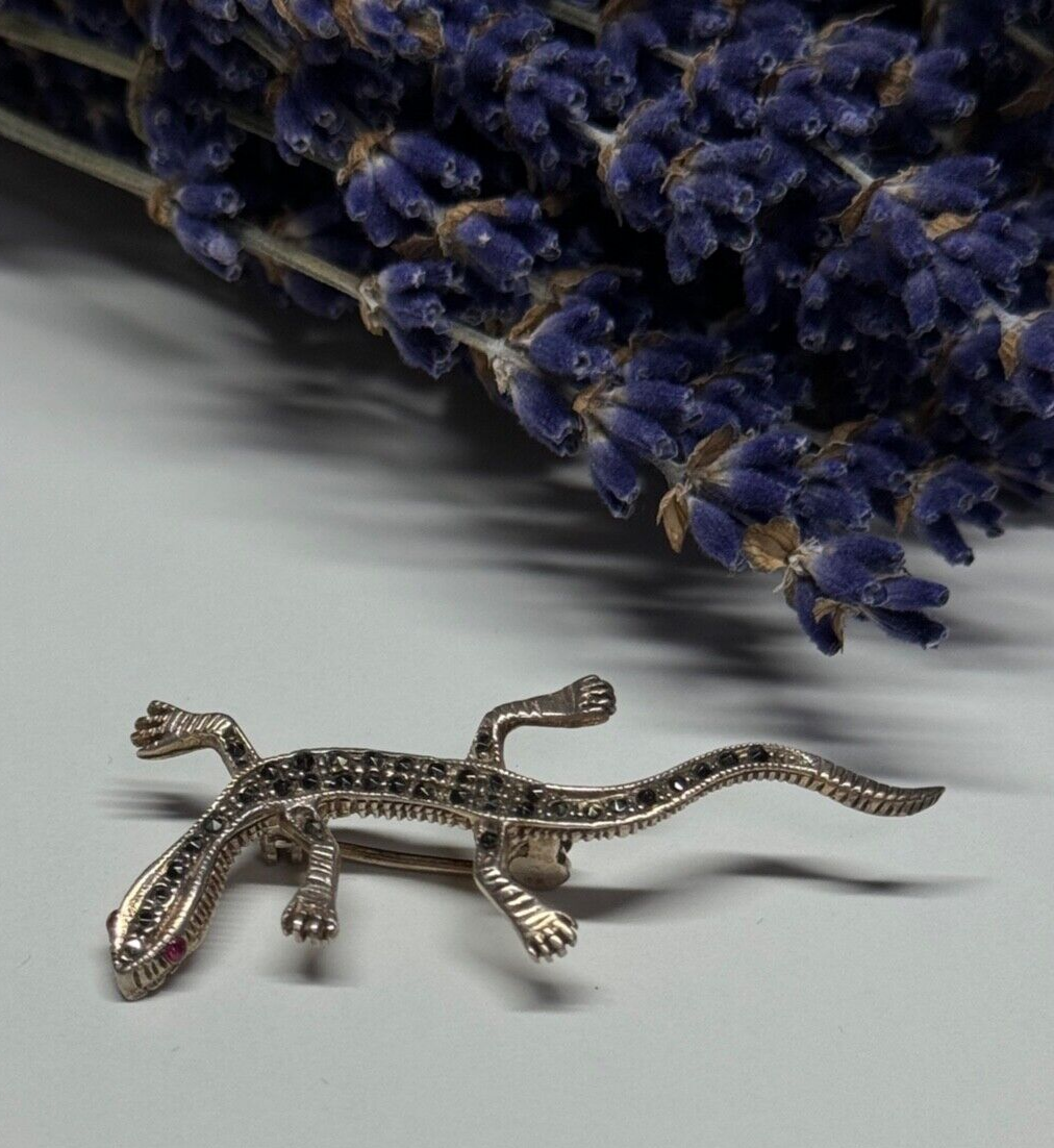 925 Sterling Silver Ruby & Marcasite Lizard Brooch
