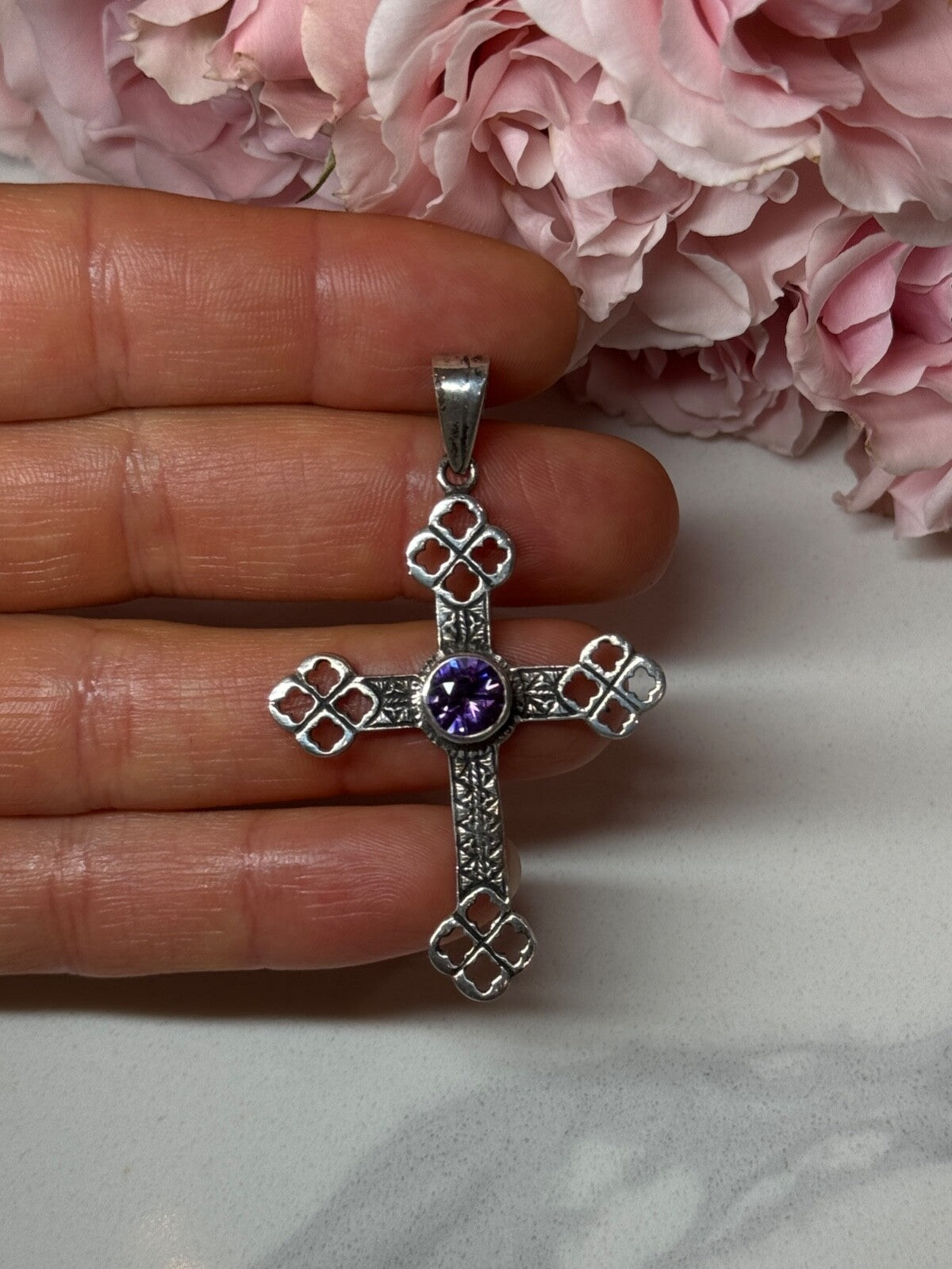 925 Sterling Silver Amethyst Cross Length 2.2 In