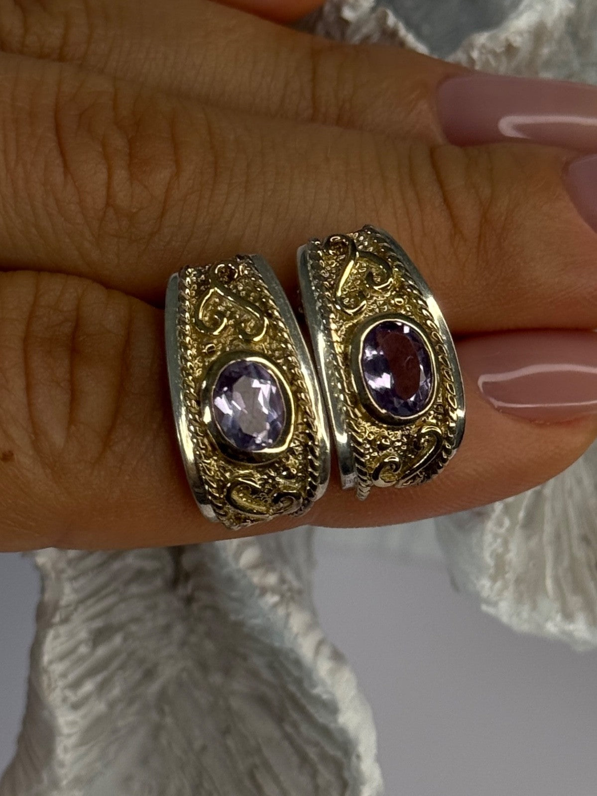 925 Sterling Silver Gold Plated Part Amethyst Earrings Length 0.70 Inch