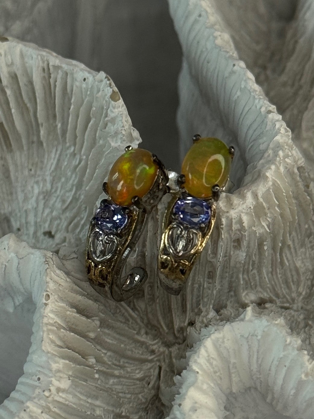 925 Sterling Silver Yellow Opal & Tanzanite Earrings Length 0.70 Inch