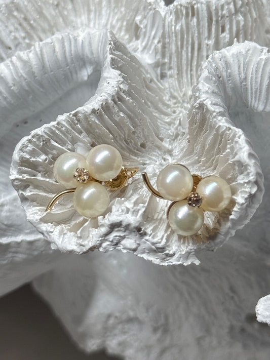 10K Yellow Gold Pearls & Diamonds Earrings Length 0.5 Inch