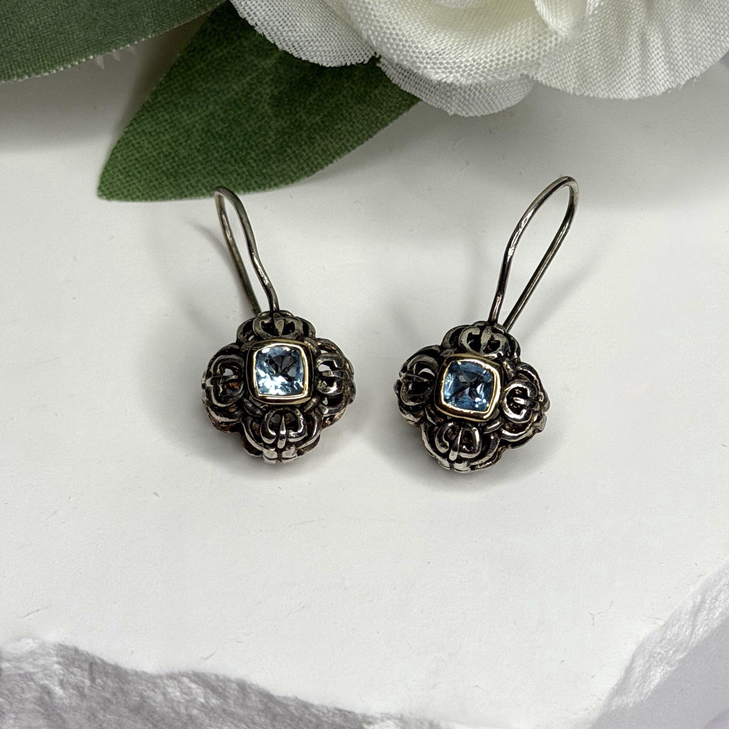 Vintage Filigree 925 Sterling Silver Blue Topaz Dangle Earrings