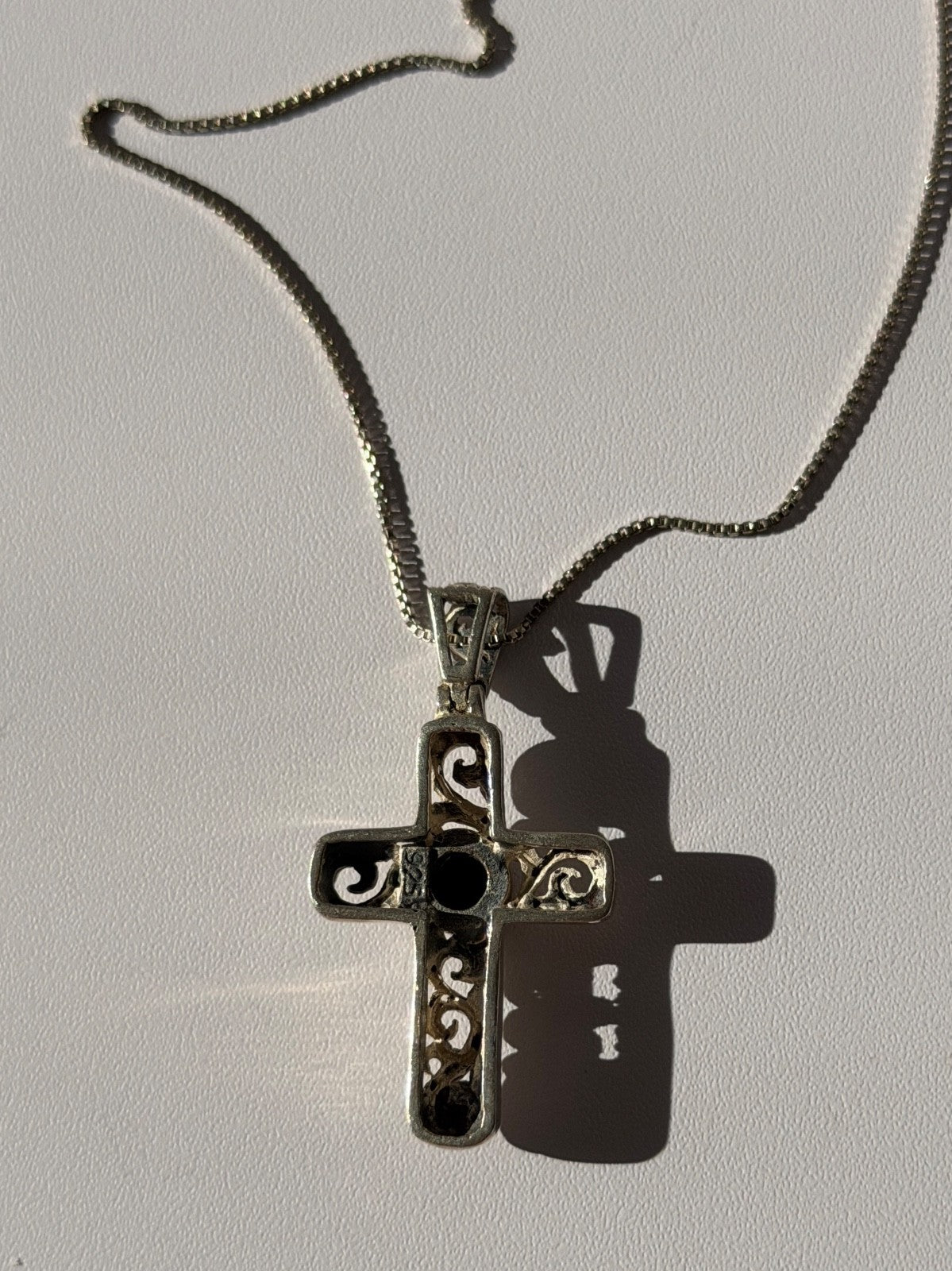 Vintage 925 Sterling Silver Black Onyx Cross Necklace Length 18 in