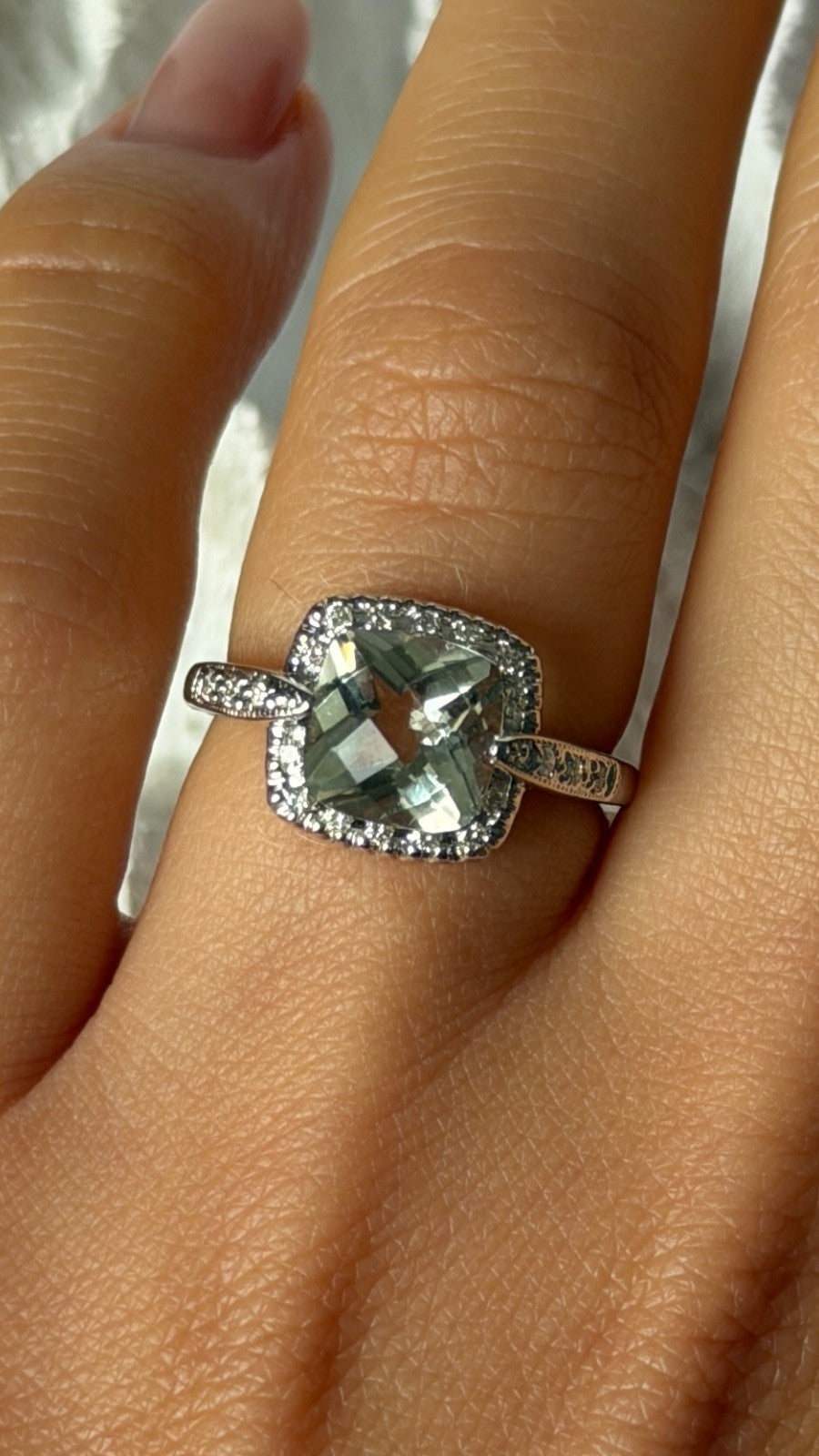14K 585 White Gold Prasiolite Green Amethyst & Diamond Ring Size 6