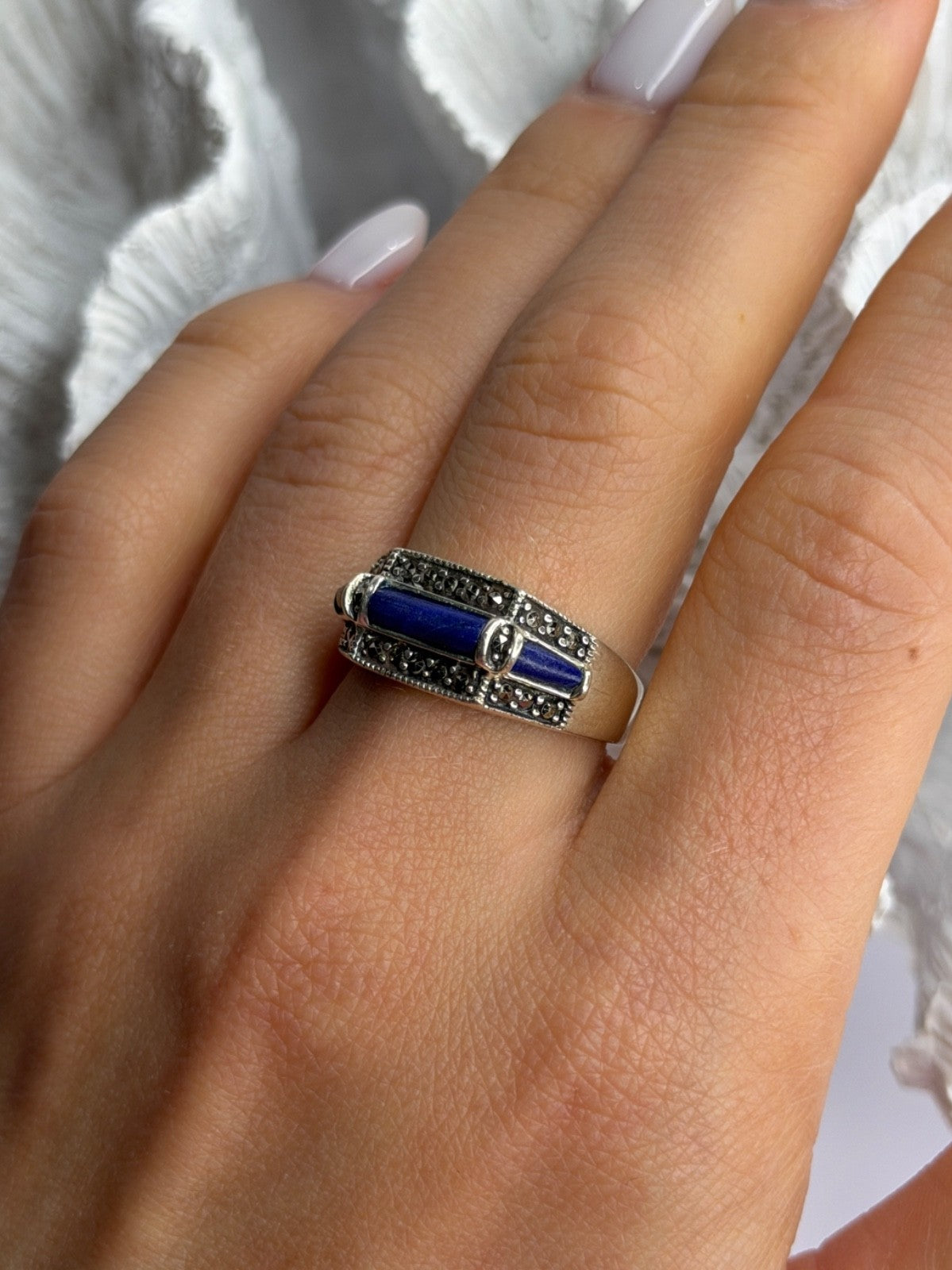 925 Sterling Silver Sodalite & Marcasite Ring Size 9