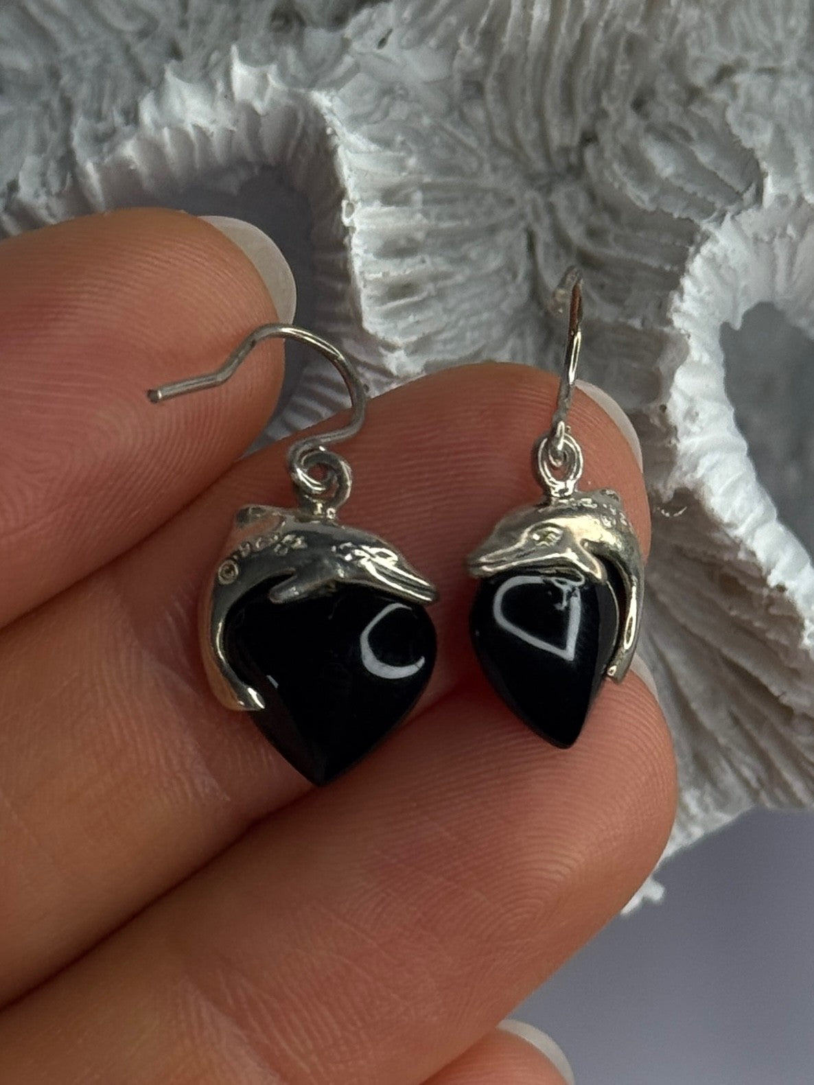 925 Sterling Silver Onyx Heart Dolphin Earrings Length 0.90 Inch