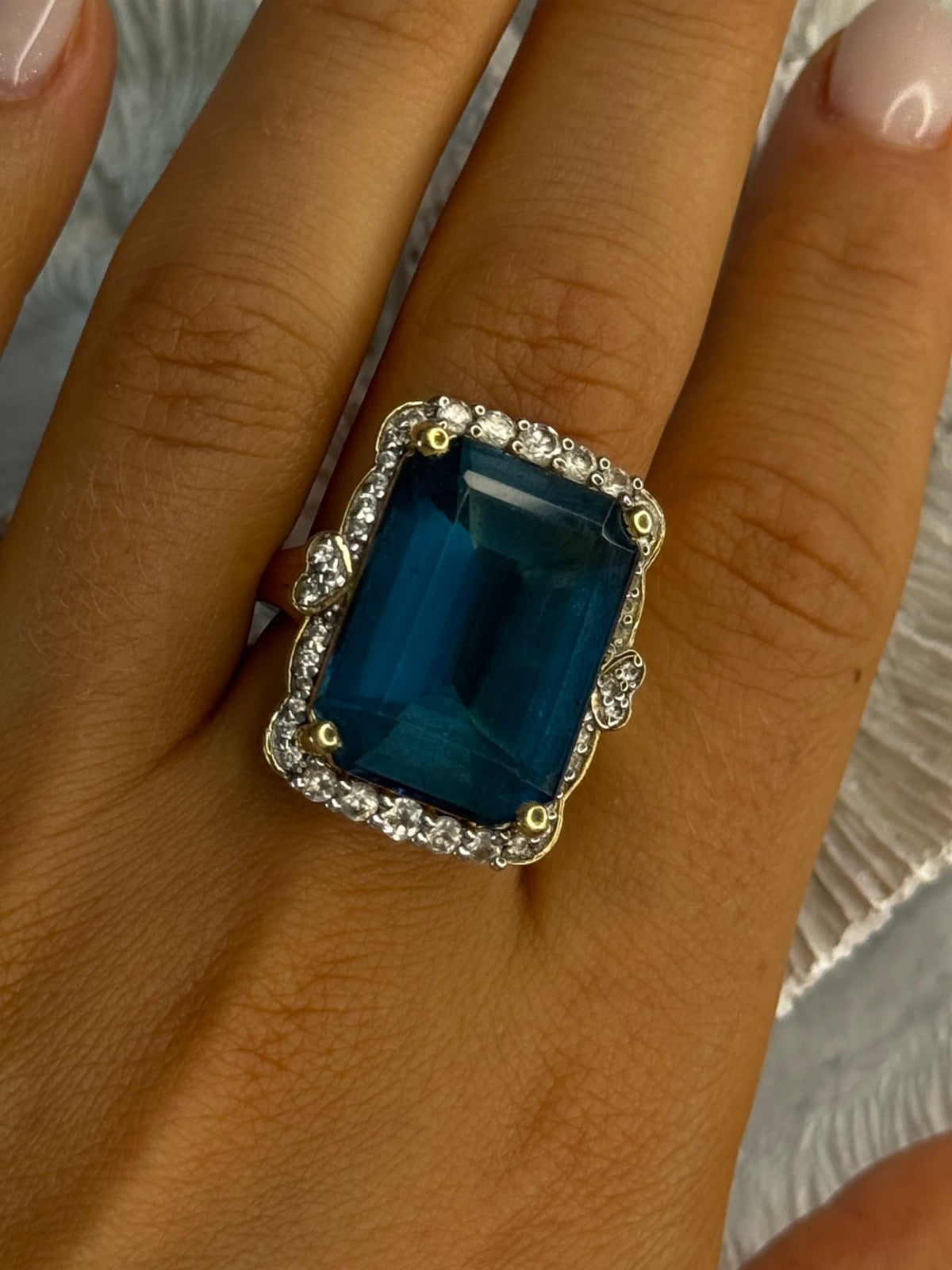 925 Sterling Silver Gold Plated Sapphire & Beryl Ring Size 9