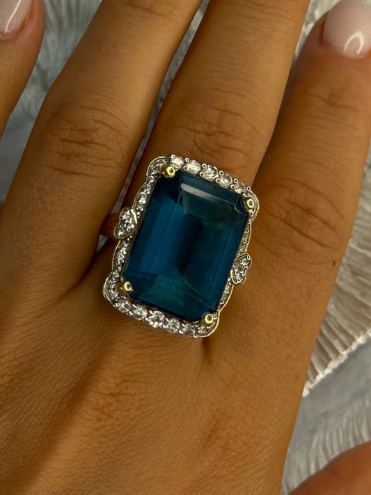 925 Sterling Silver Gold Plated Sapphire & Beryl Ring Size 9