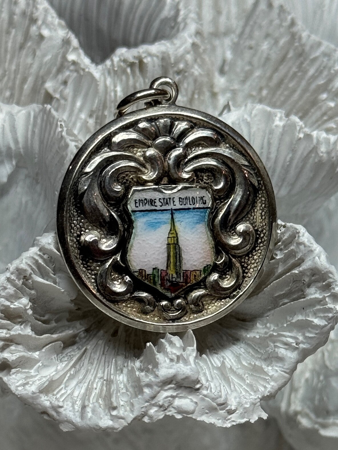 925 Sterling Silver Empire State Building Enamel Pendant Lenth 1.4 Inch