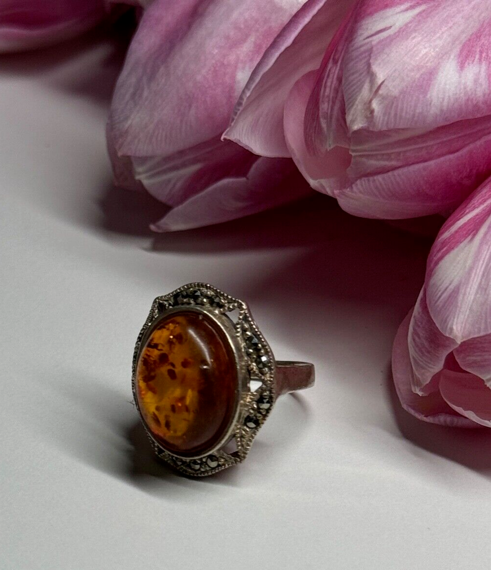 925 Sterling Silver Amber & Marcasite Ring Size 5